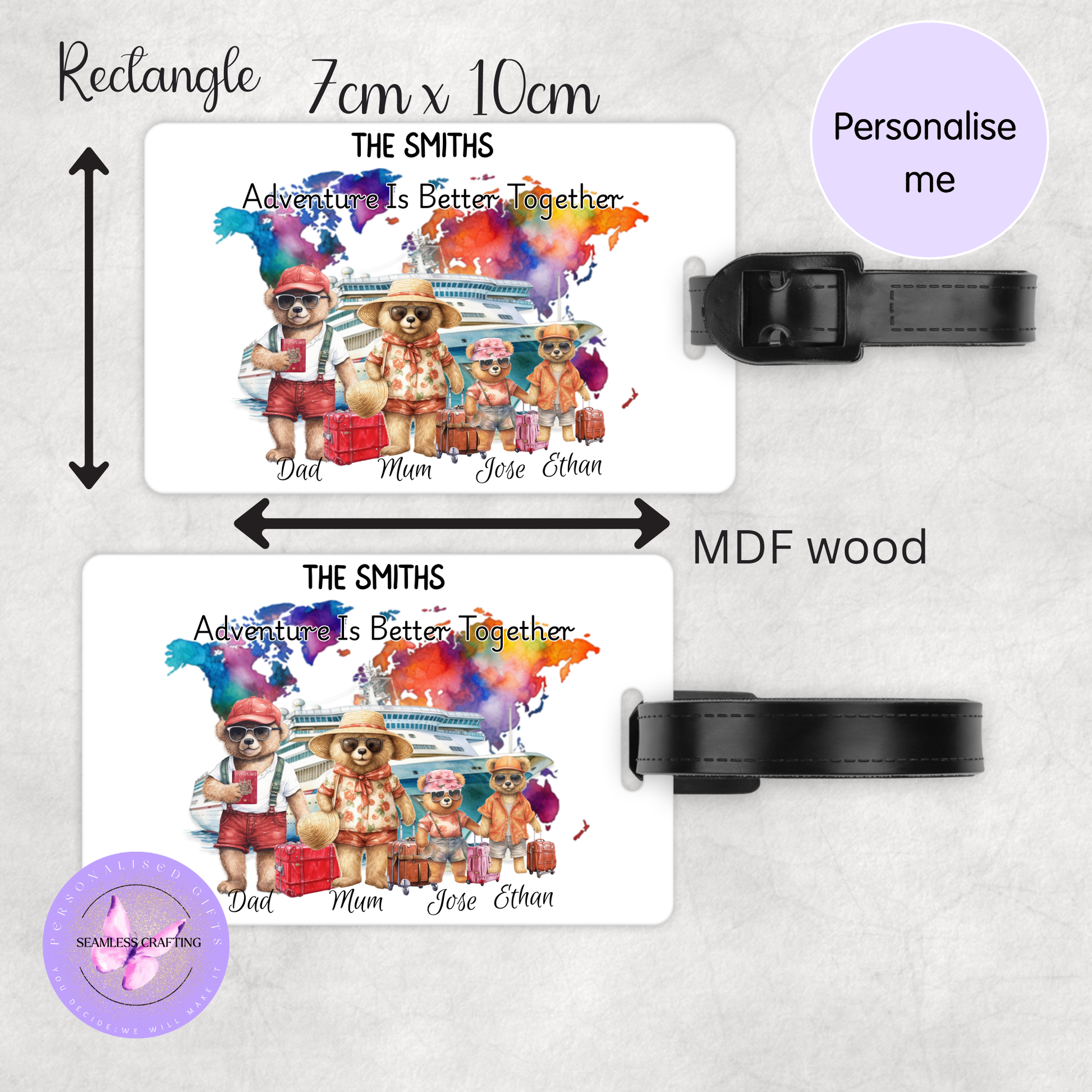 Personalized luggage tag with teddy bears and text on a white background