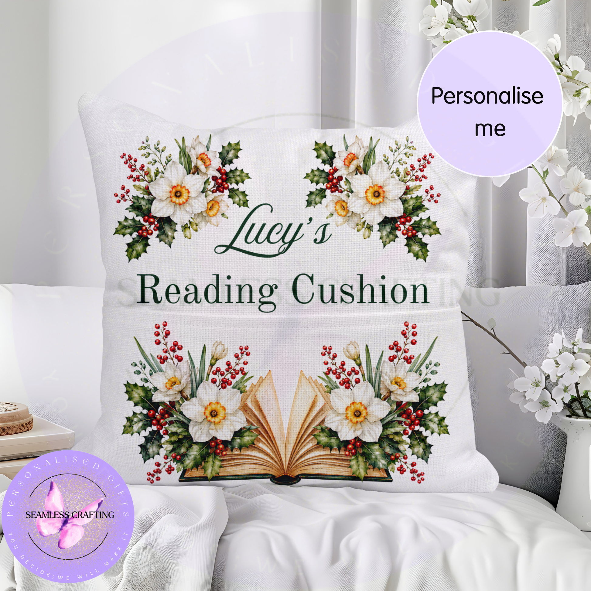 Personalised narcissus and holly reading cushion with book pocket displayed on a bed