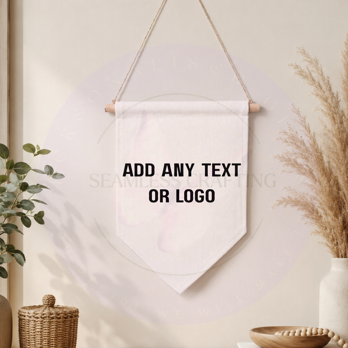 Linen pennant banner printed with Seamless Crafting logo on white background