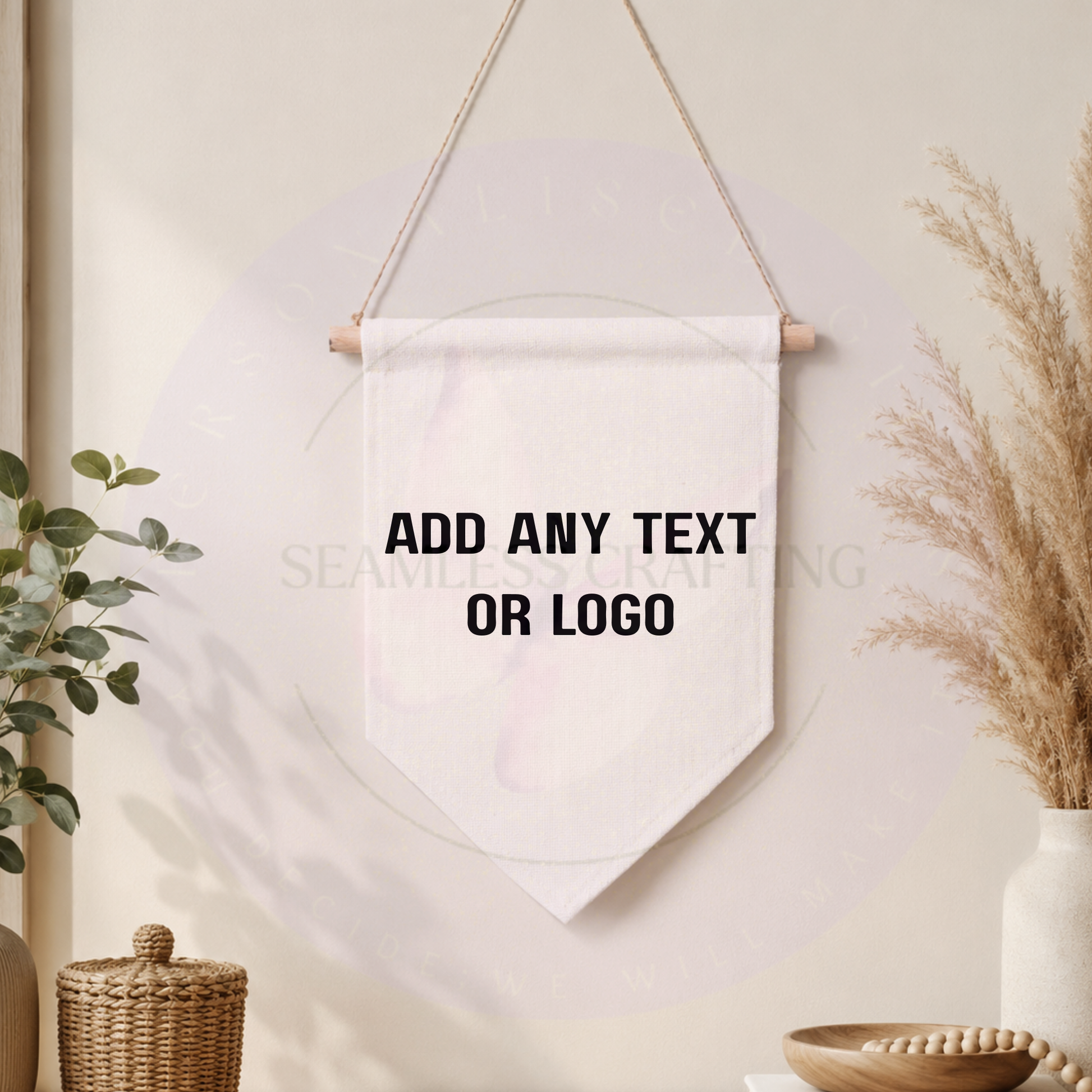 Linen pennant banner printed with Seamless Crafting logo on white background