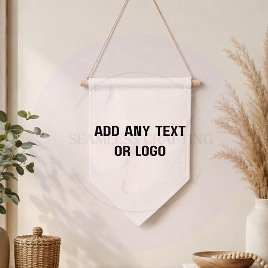 Linen pennant banner printed with Seamless Crafting logo on white background