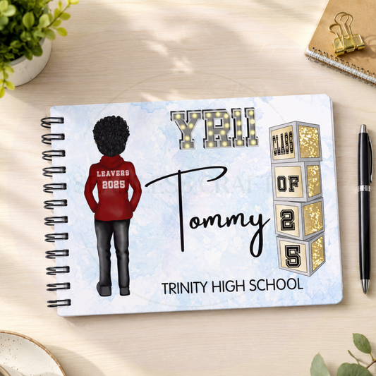 Personalised school leavers autograph book for Year 11 Class of 2027 with custom character