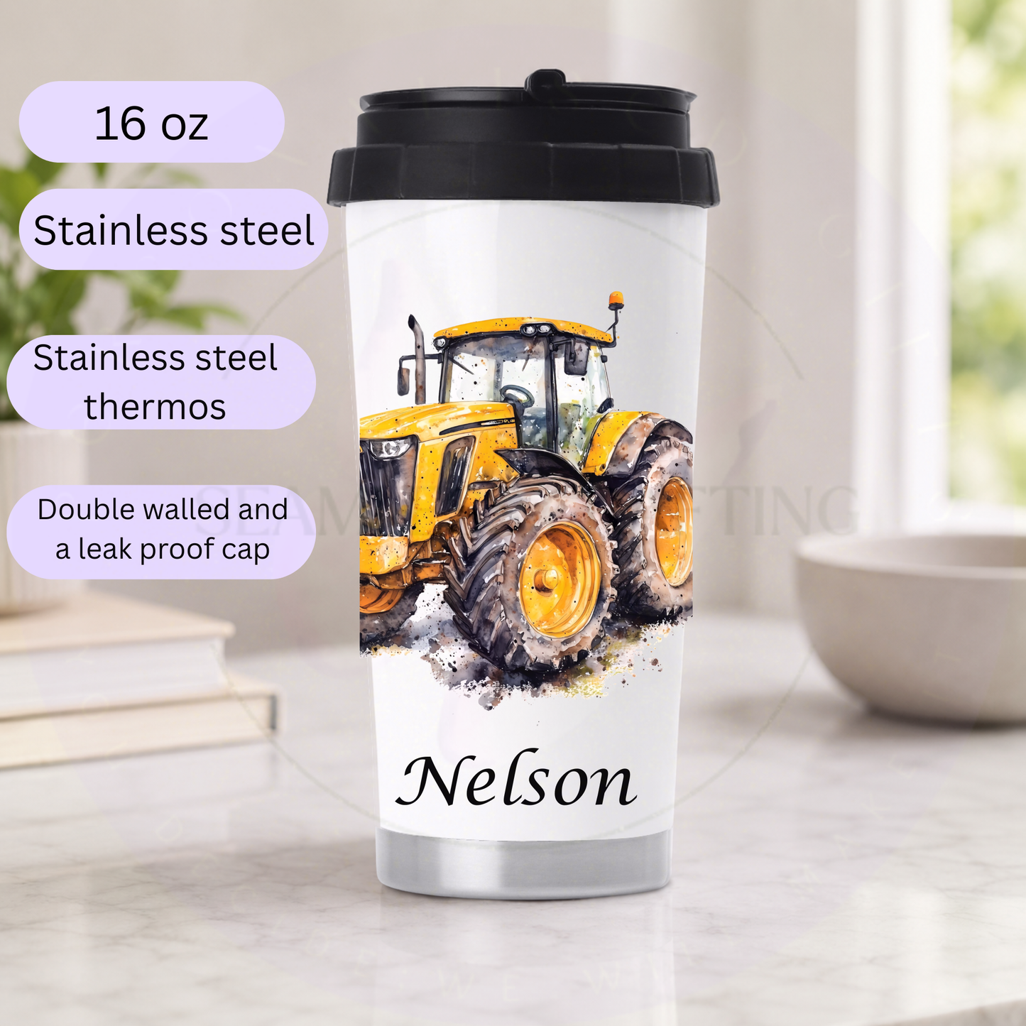 Personalised 16 oz stainless steel thermos with yellow tractor design and custom name Nelson