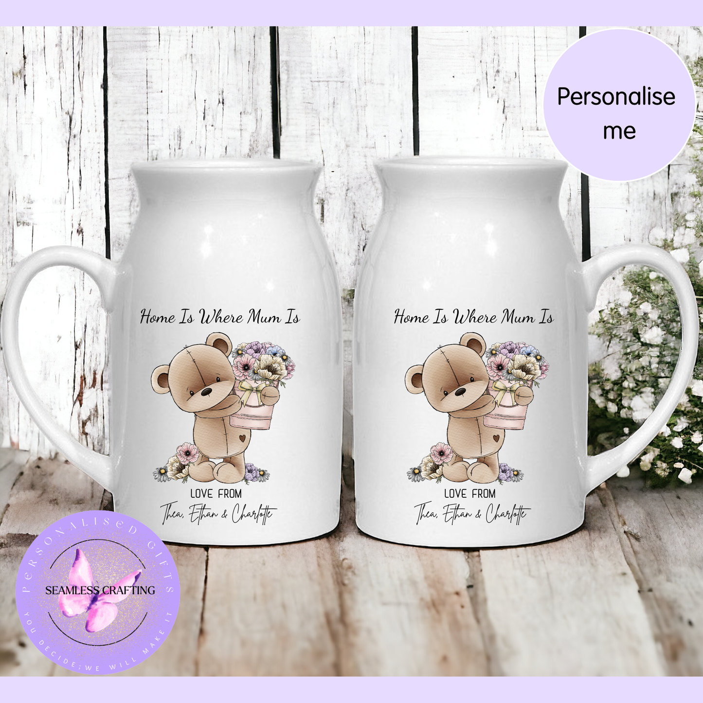 Personalised Mum Ceramic Jug – Home Is Where Mum Is Vase – Custom Mother’s Day Gift from Kids – Teddy Flower Design