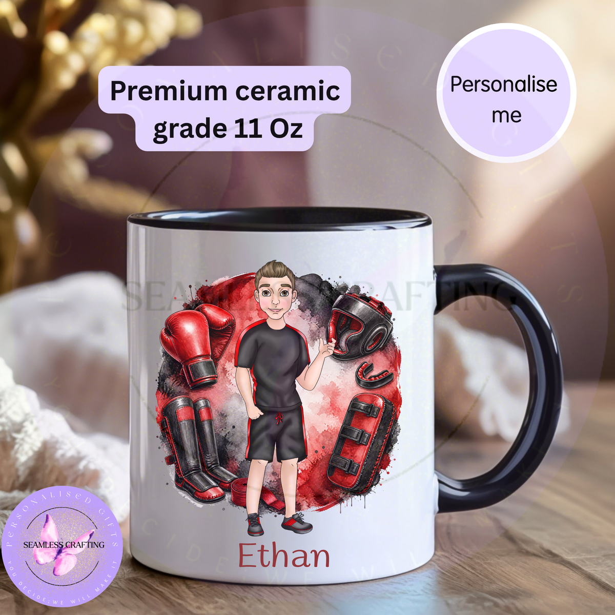 Personalised kickboxing gift mug with black handle, custom character and name Ethan