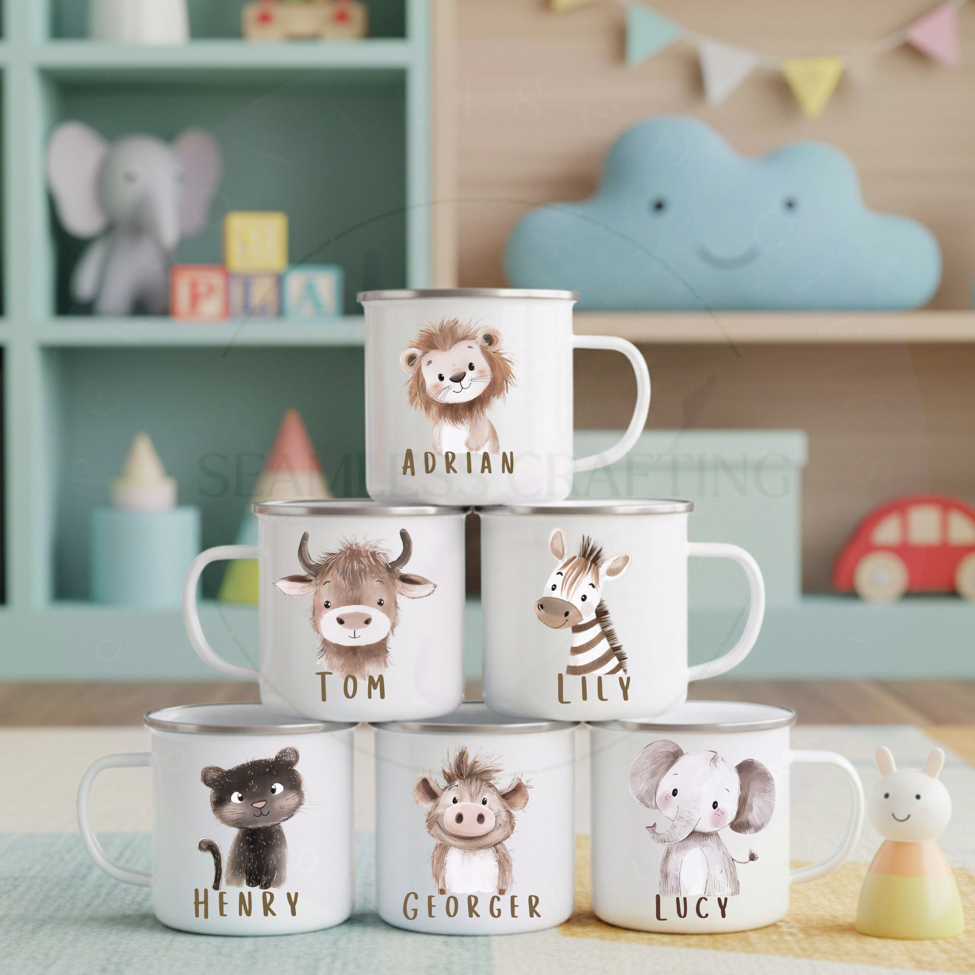 Personalised animal mugs for children featuring lion, Highland cow, zebra, black panther and elephant designs