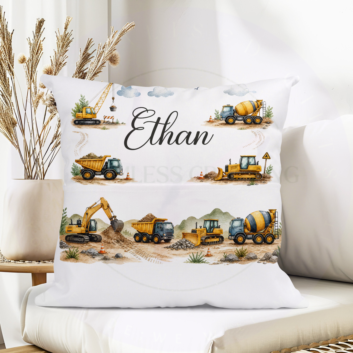 Personalised construction reading cushion displayed in children's room
