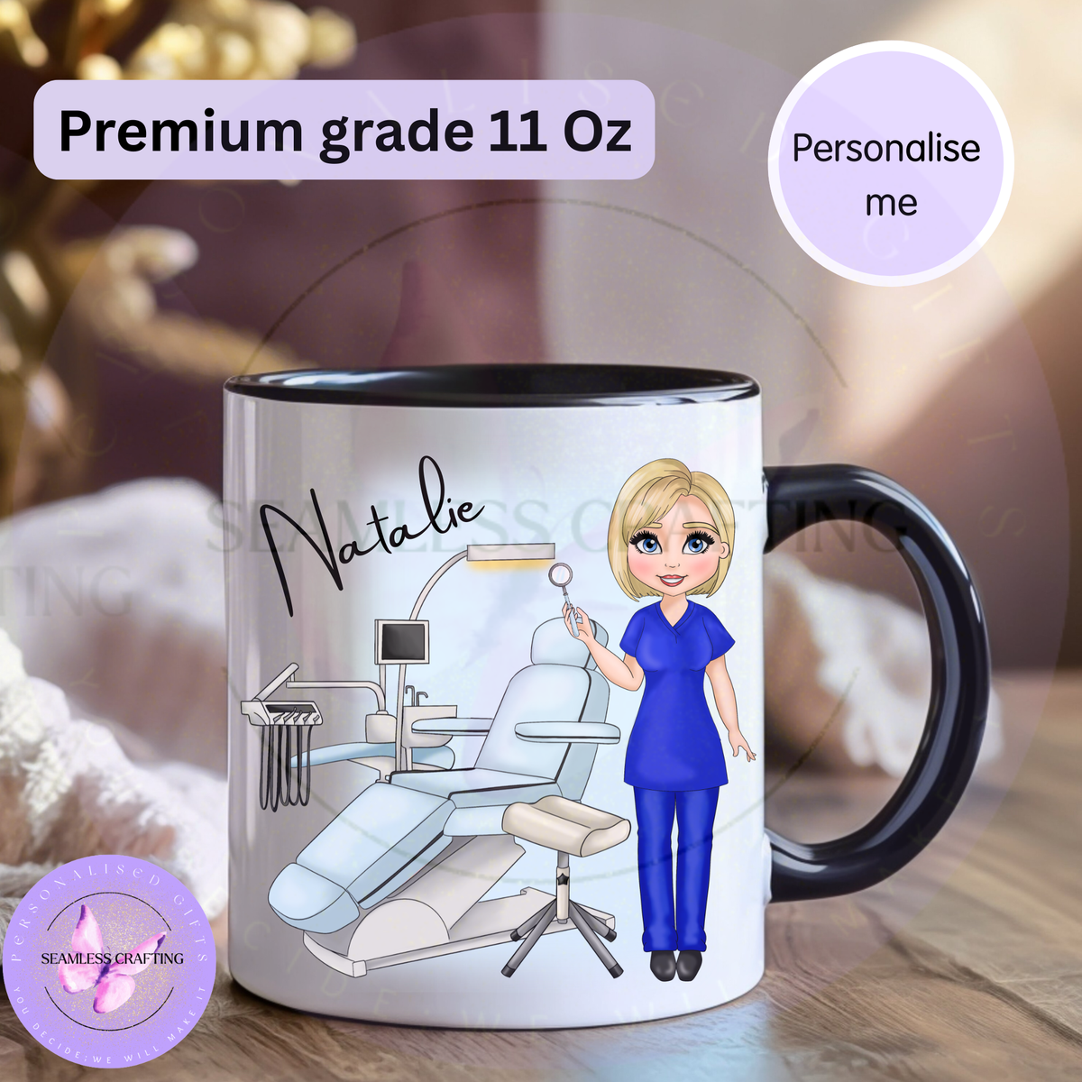 Personalised dentist mug with female dentist character in blue scrubs and custom name