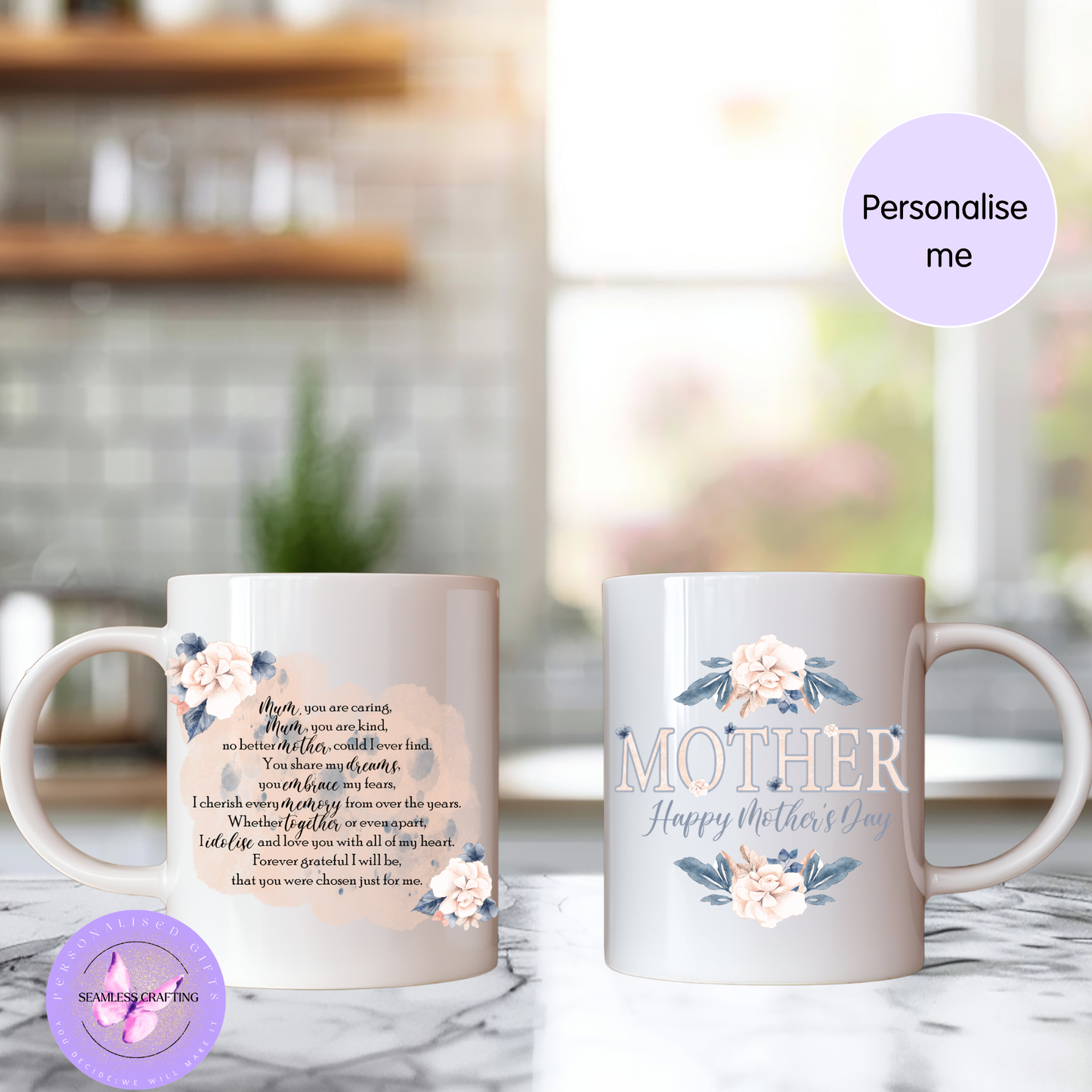 Personalised Mum Cushion & 11oz Mug Set – Floral Mother’s Day Gift – Custom Poem Pillow – Gift for Mum UK