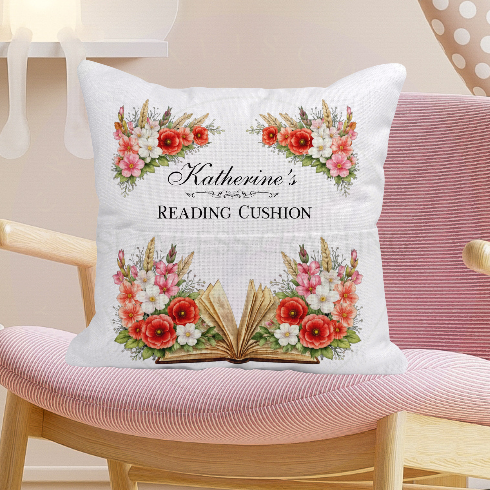 Front and back view of personalised August birth flower reading cushion — printed linen feel cushion cover with plain white reverse, 40x40cm