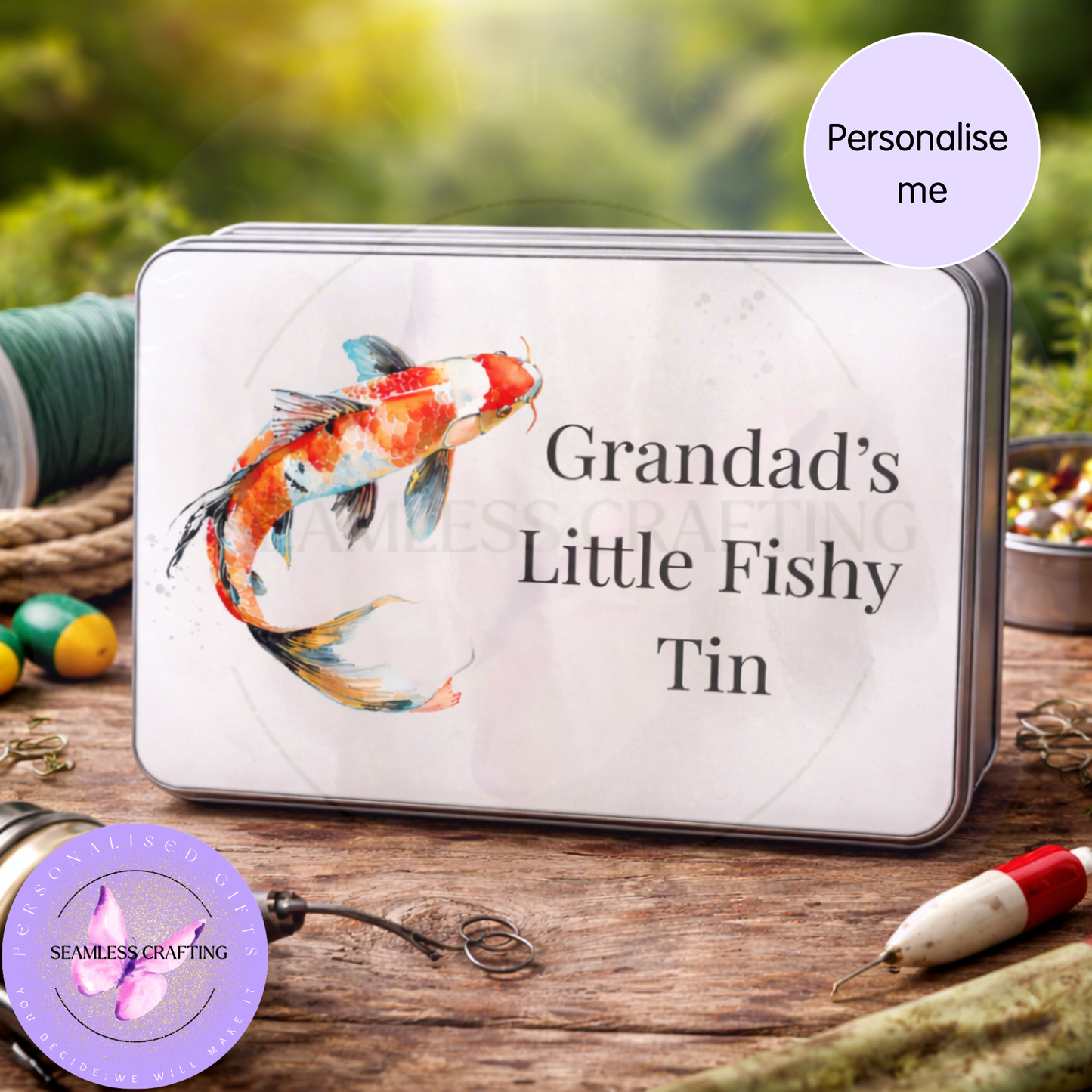 Personalised angler tin box with fishing accessories background