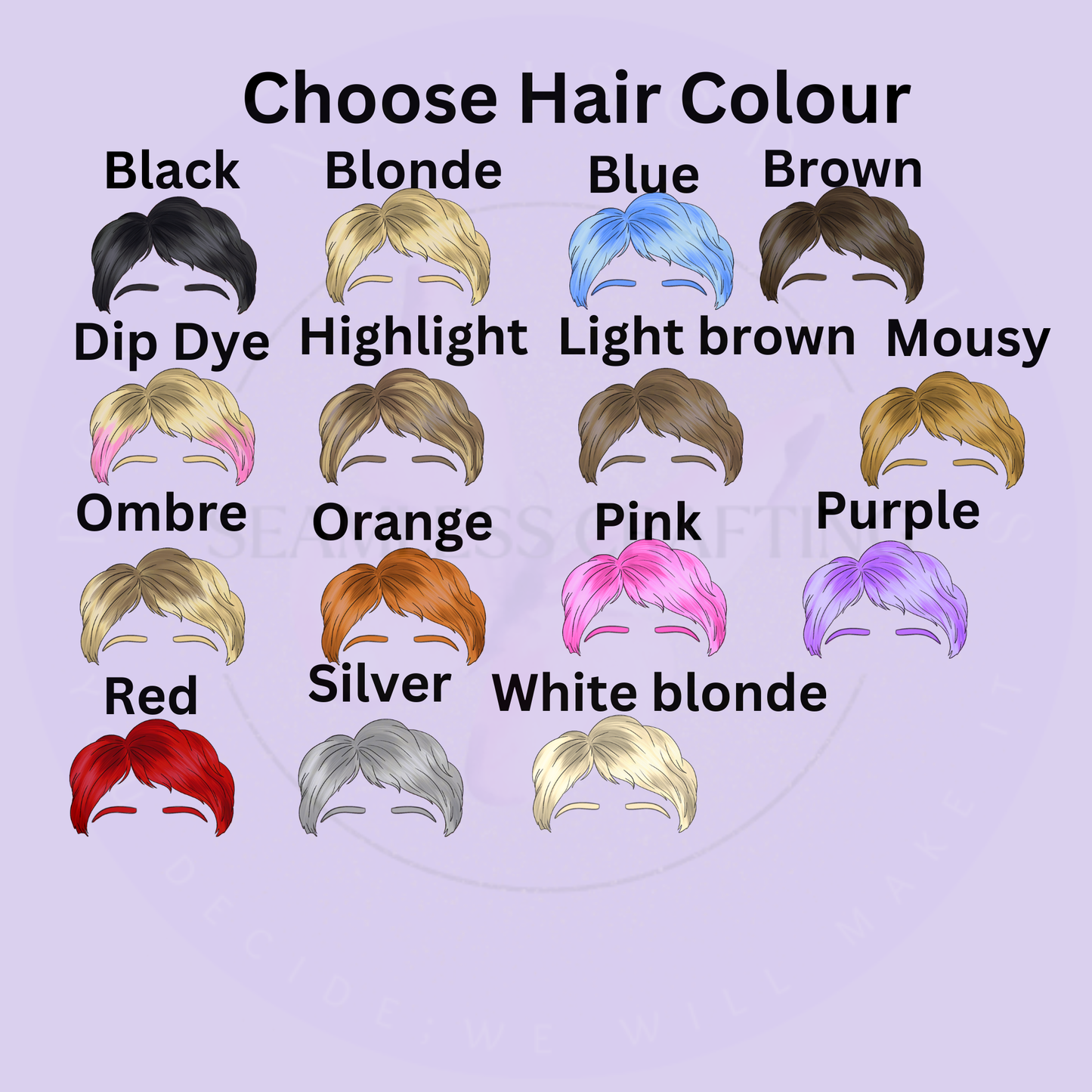 Hair colour choices for personalised character cushion including black, blonde, brown, pink and purple