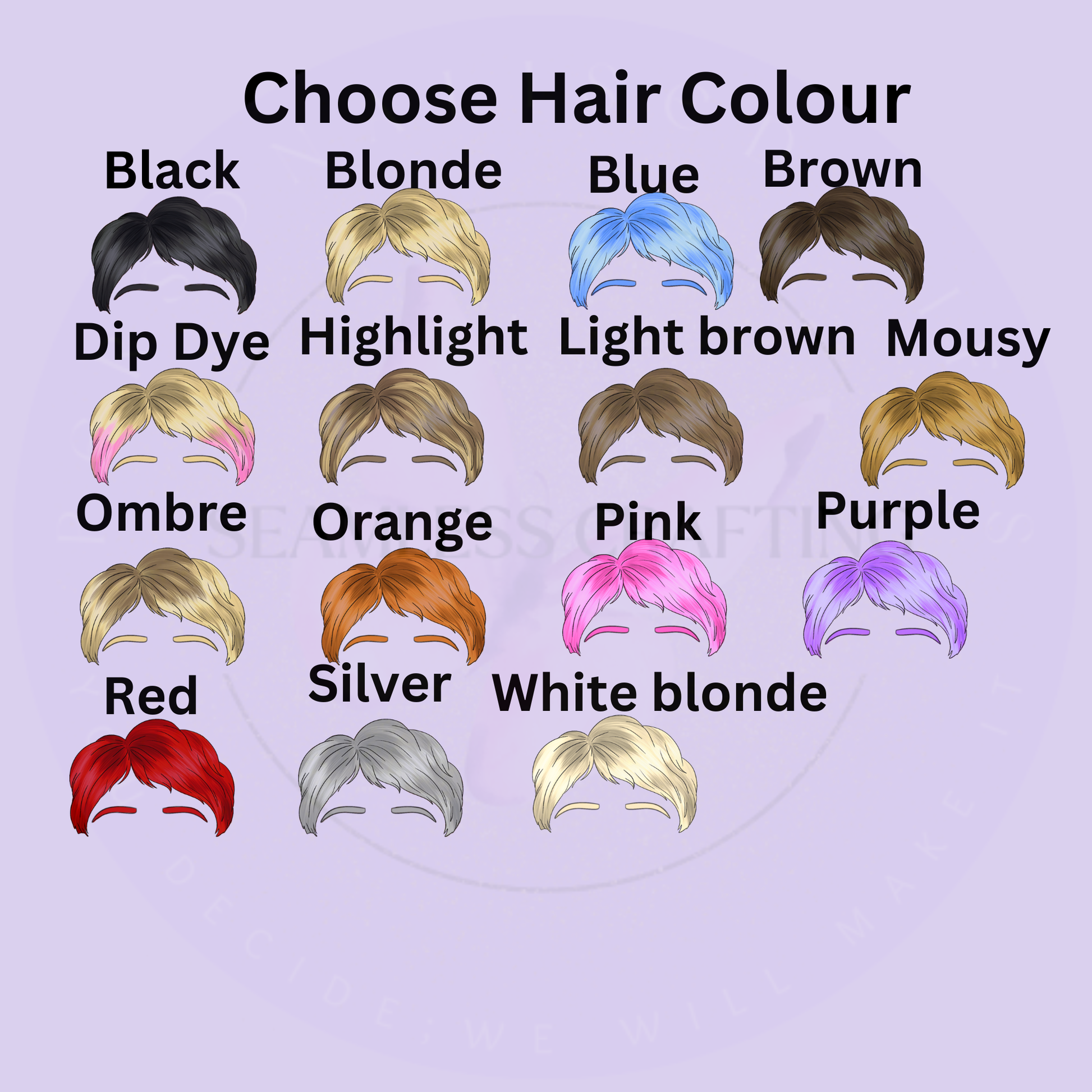 Hair colour choices for personalised character cushion including black, blonde, brown, pink and purple