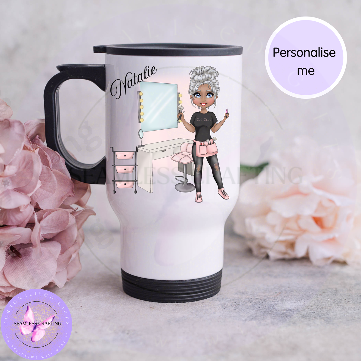Personalised travel mug showing silver hair make up character option