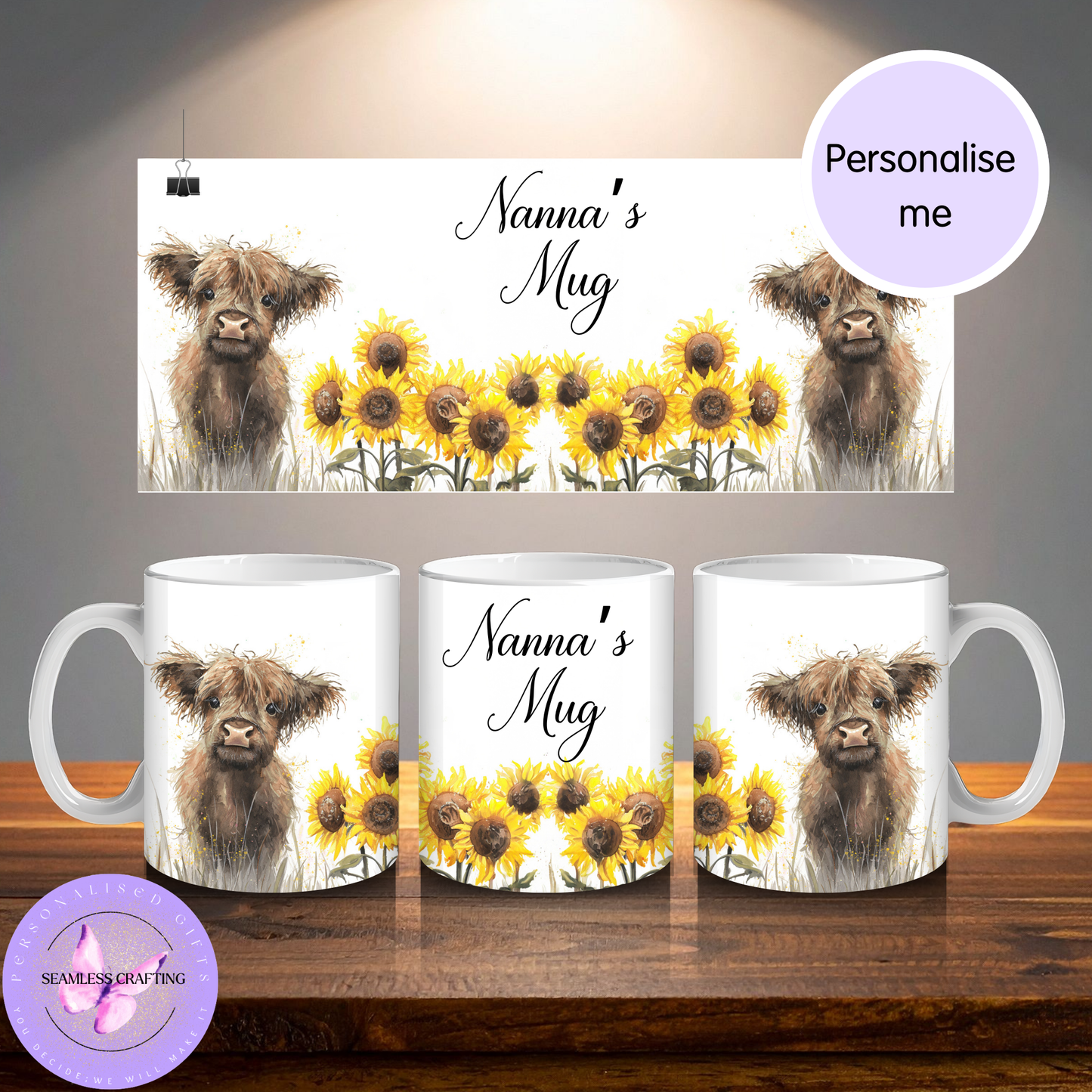 Personalised Highland Cow Mug – Custom Nanna/Nanny/Nan Gift – Sunflower Ceramic Mug (11oz)