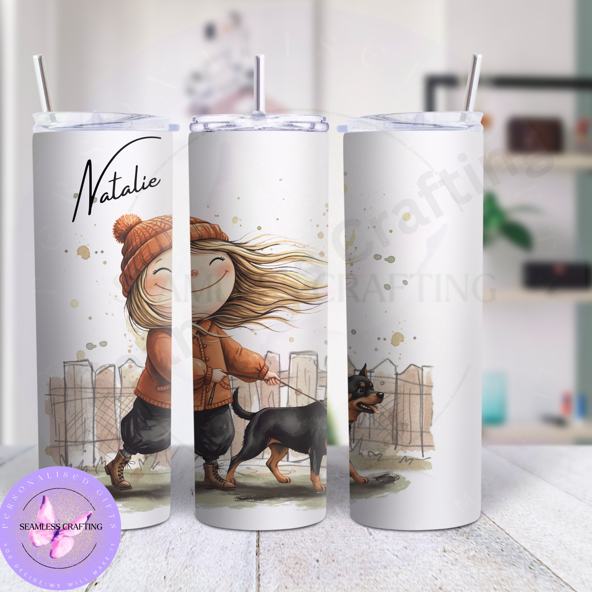 20oz personalised dog walker tumbler with straw and custom name