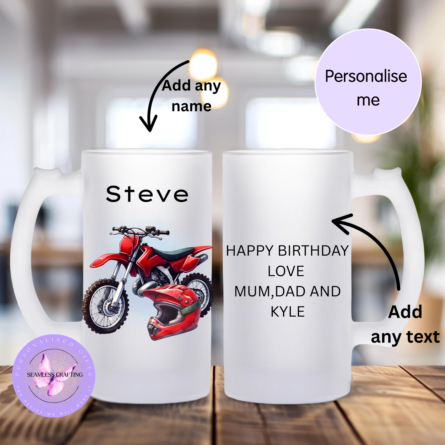 Two frosted mugs with a red motorcycle design and text space for personalization.