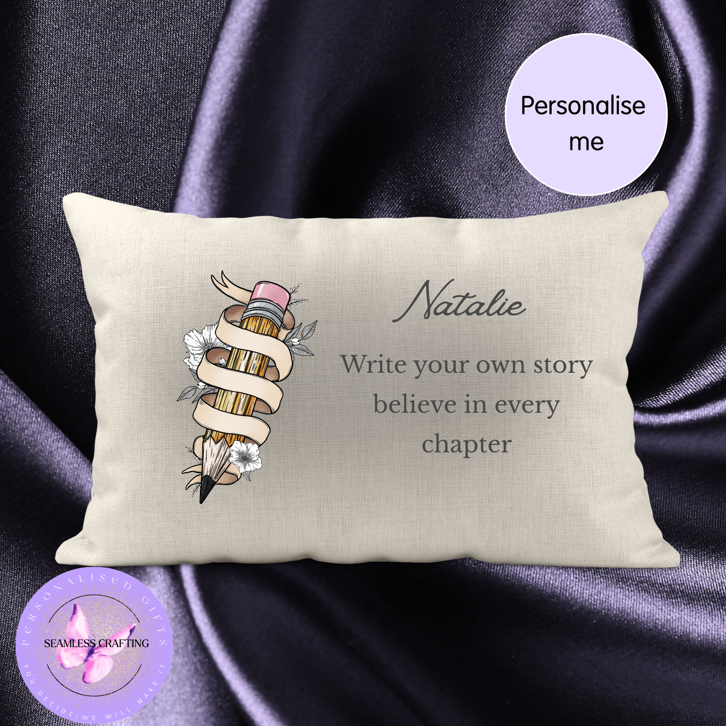 Personalised Writing Cushion 30×50cm – “Write Your Own Story” Linen Canvas Pillow – Custom Name Gift for Teachers, Writers & Students