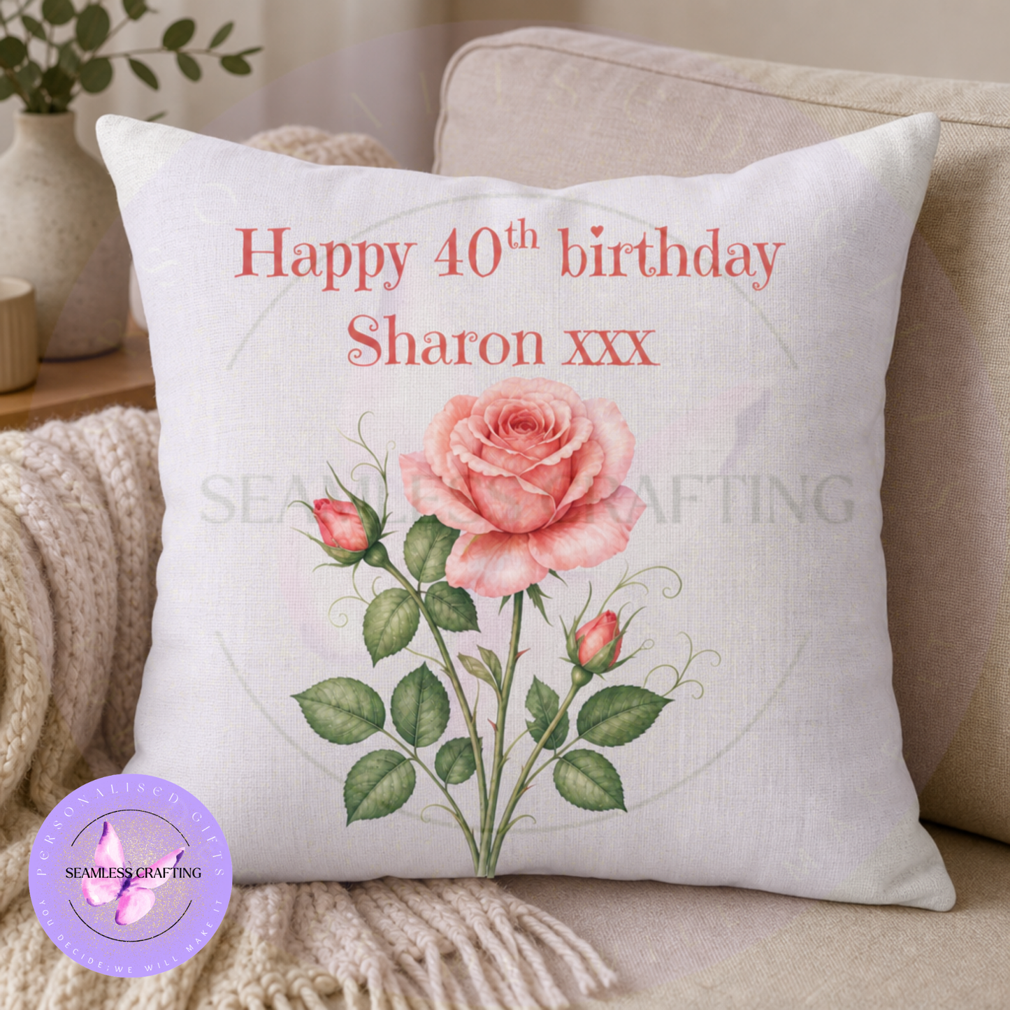 Personalised June rose birth flower cushion with custom birthday wording
