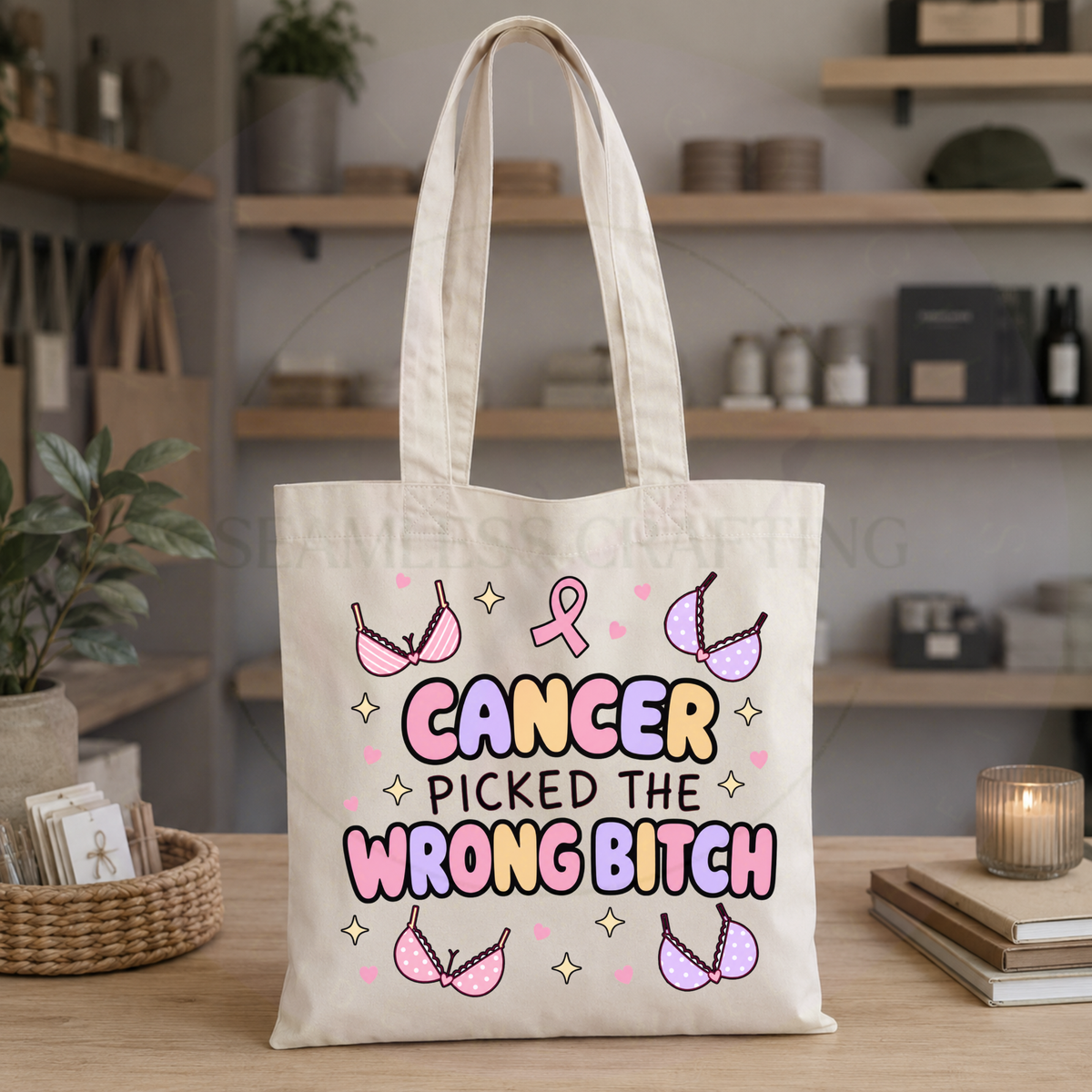 Pink ribbon cancer awareness tote bag displayed in a modern home interior