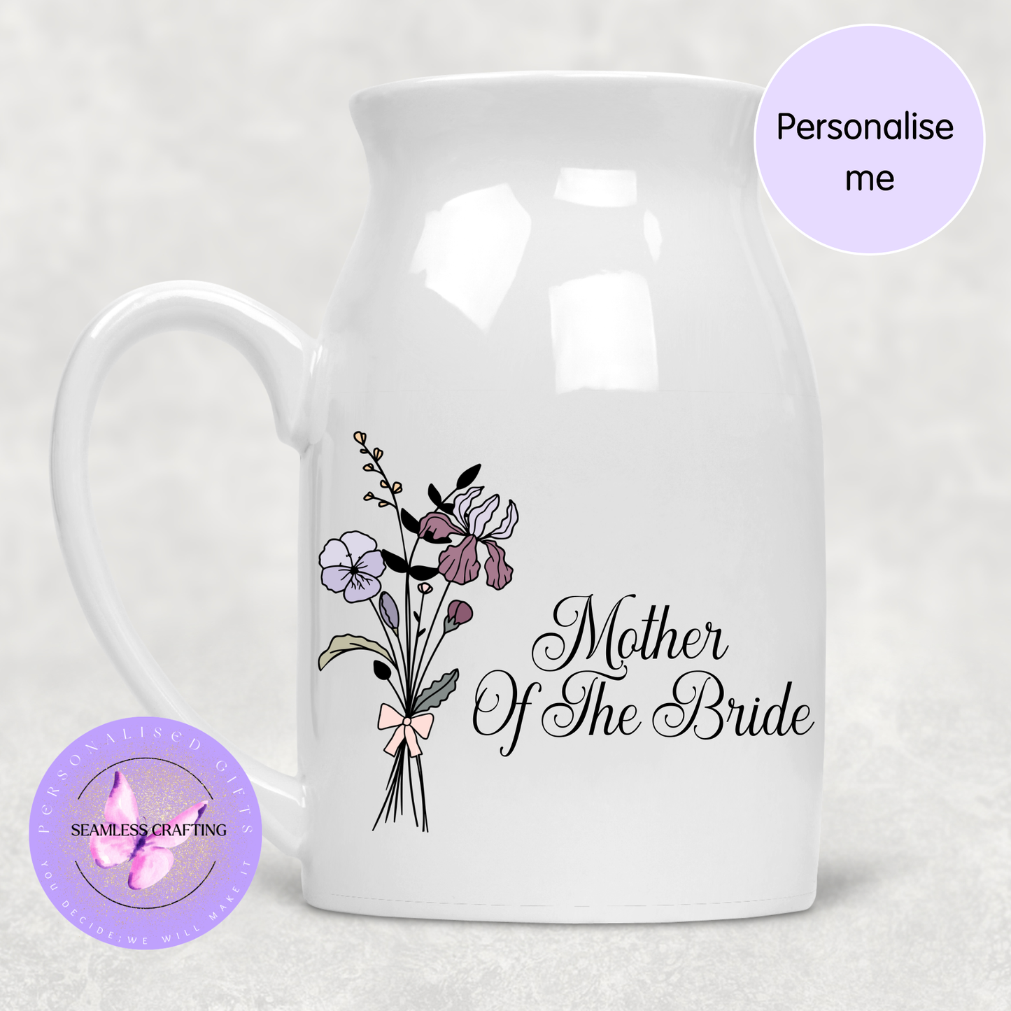 Personalised Mother of the Bride Jug – Custom Birth Flower Wedding Gift – 300ml or 450ml Ceramic Floral Pitcher