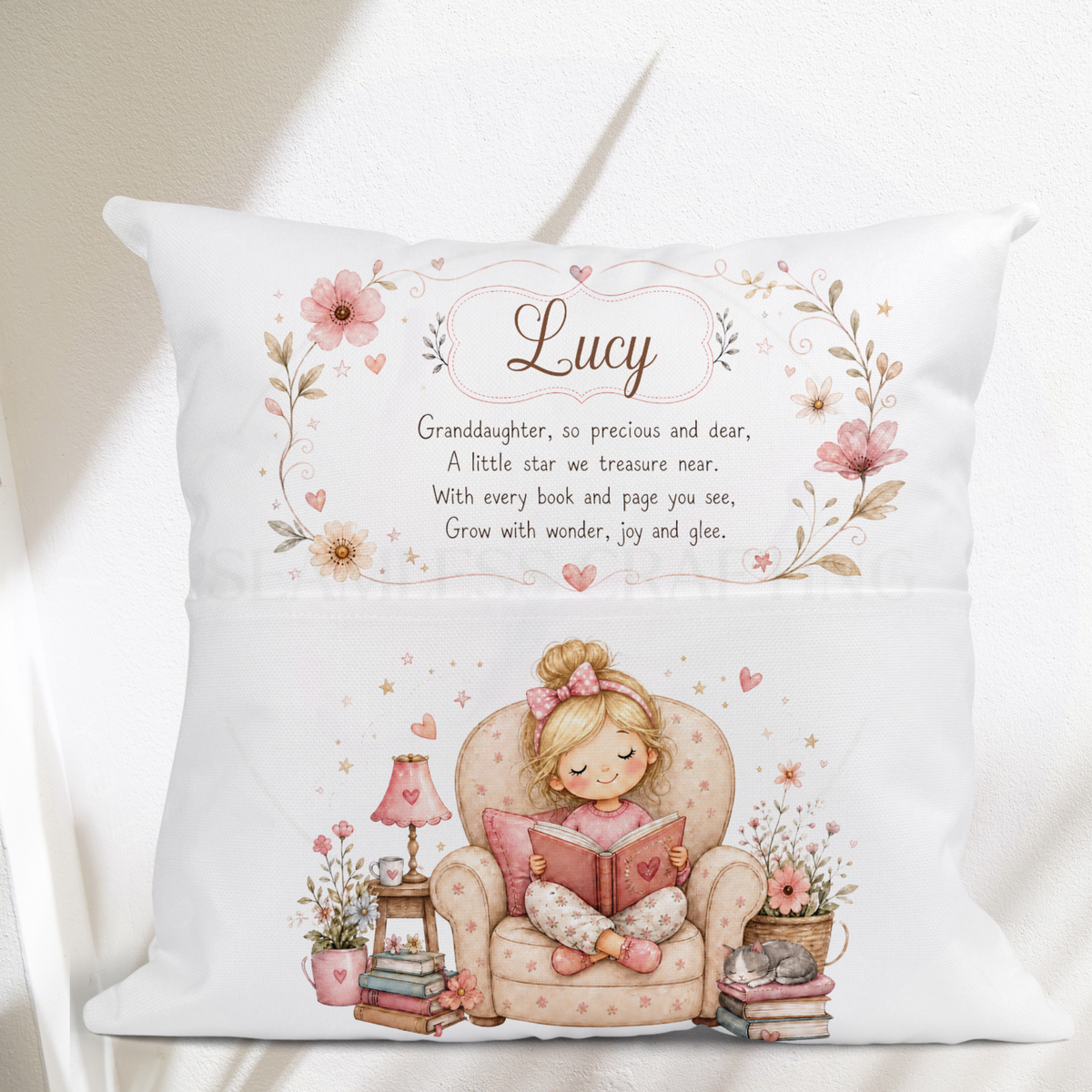 Personalised Granddaughter Reading Cushion with Book Pocket