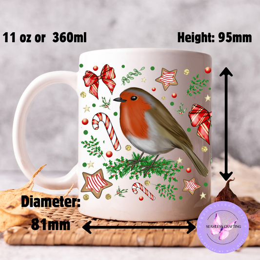 Christmas Robin Mug – 11oz Ceramic Cup – Festive Holiday Coffee Mug with Candy Canes and Bows – Winter Gift