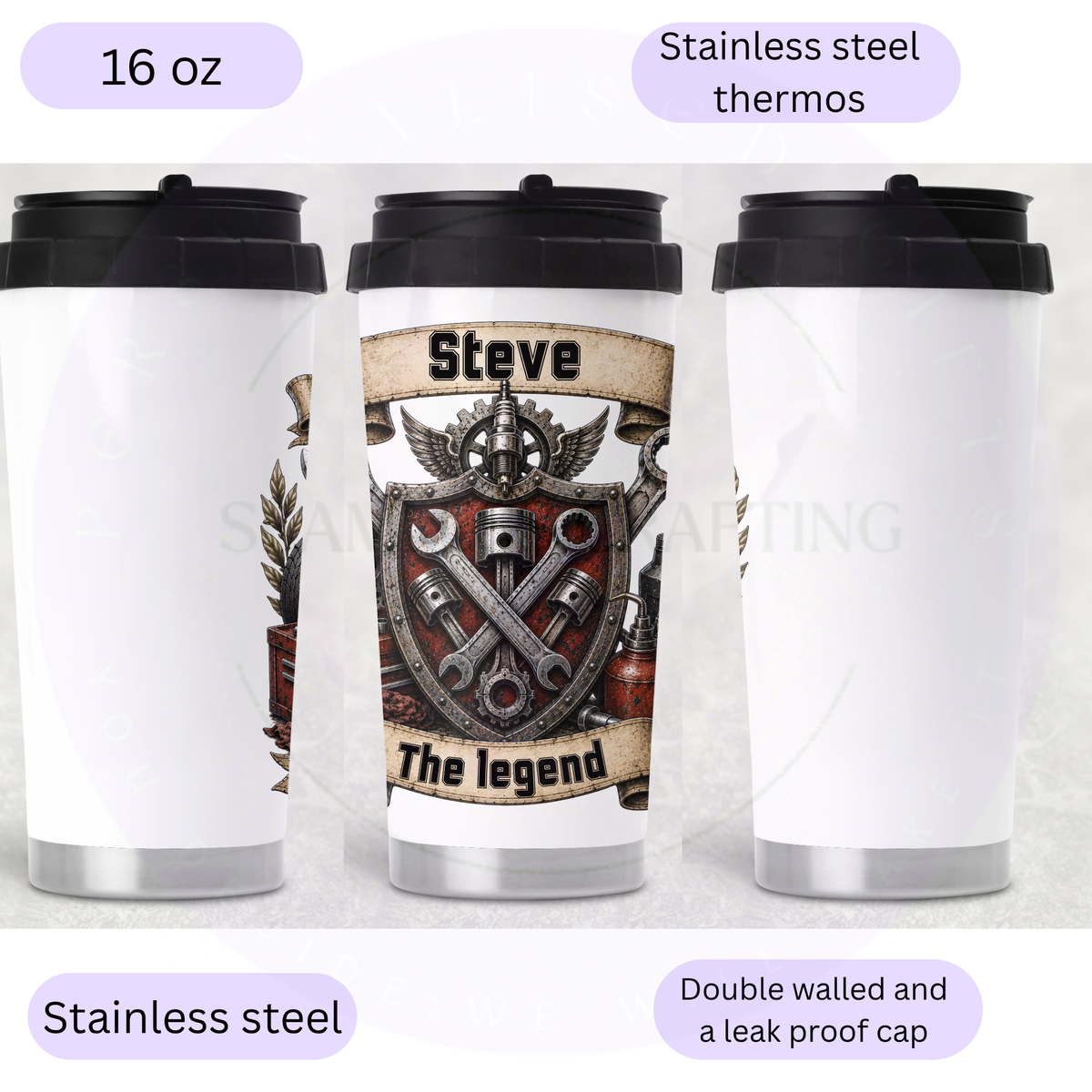 Personalised 16oz stainless steel mechanic thermos showing front, side and back views