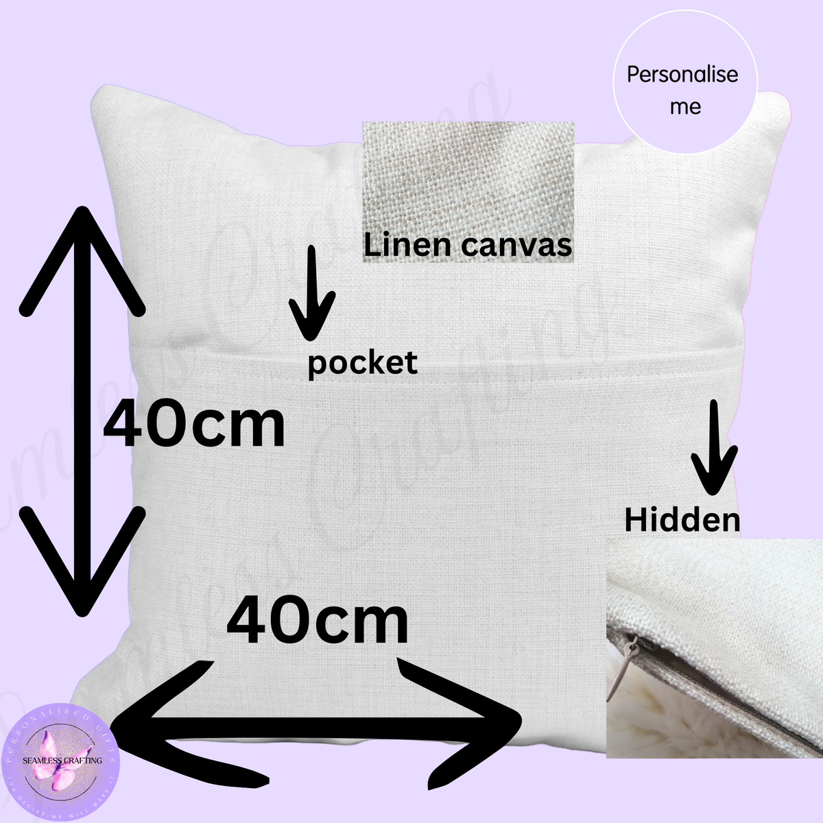 40x40cm linen canvas personalised reading cushion showing front book pocket and hidden zip