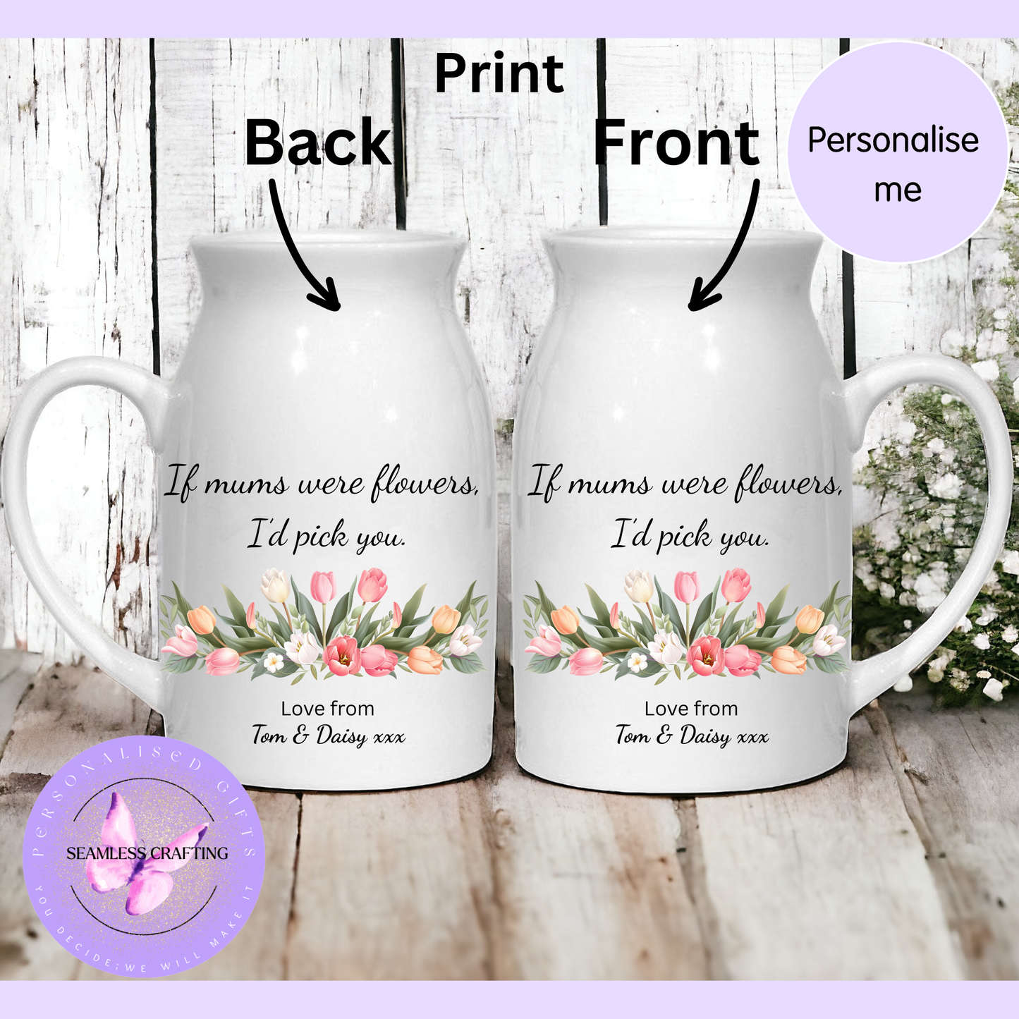 Personalised Flower Jug Gift for Mum | Custom Mother’s Day Jug Vase | “If Mums Were Flowers I’d Pick You” | Personalised Ceramic Jug with Names UK