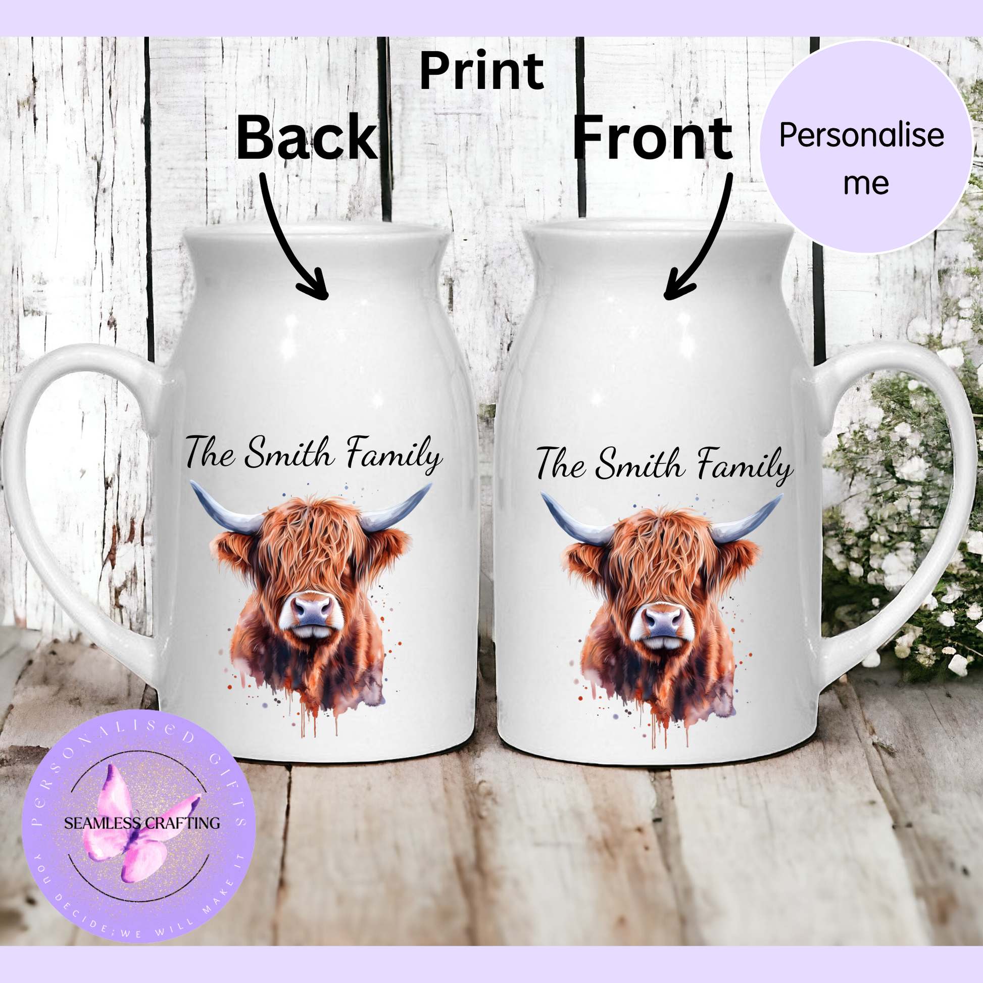 Personalised Highland Cow jug showing front and back print options, custom ceramic milk pitcher UK