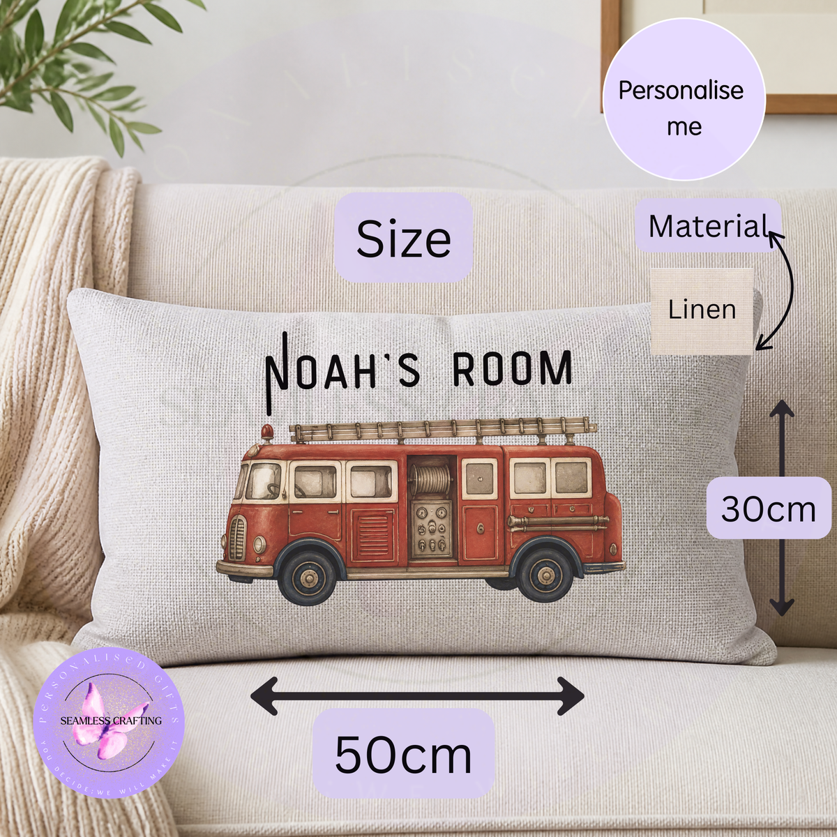 Personalised vintage fire engine cushion with Noah's Room name design