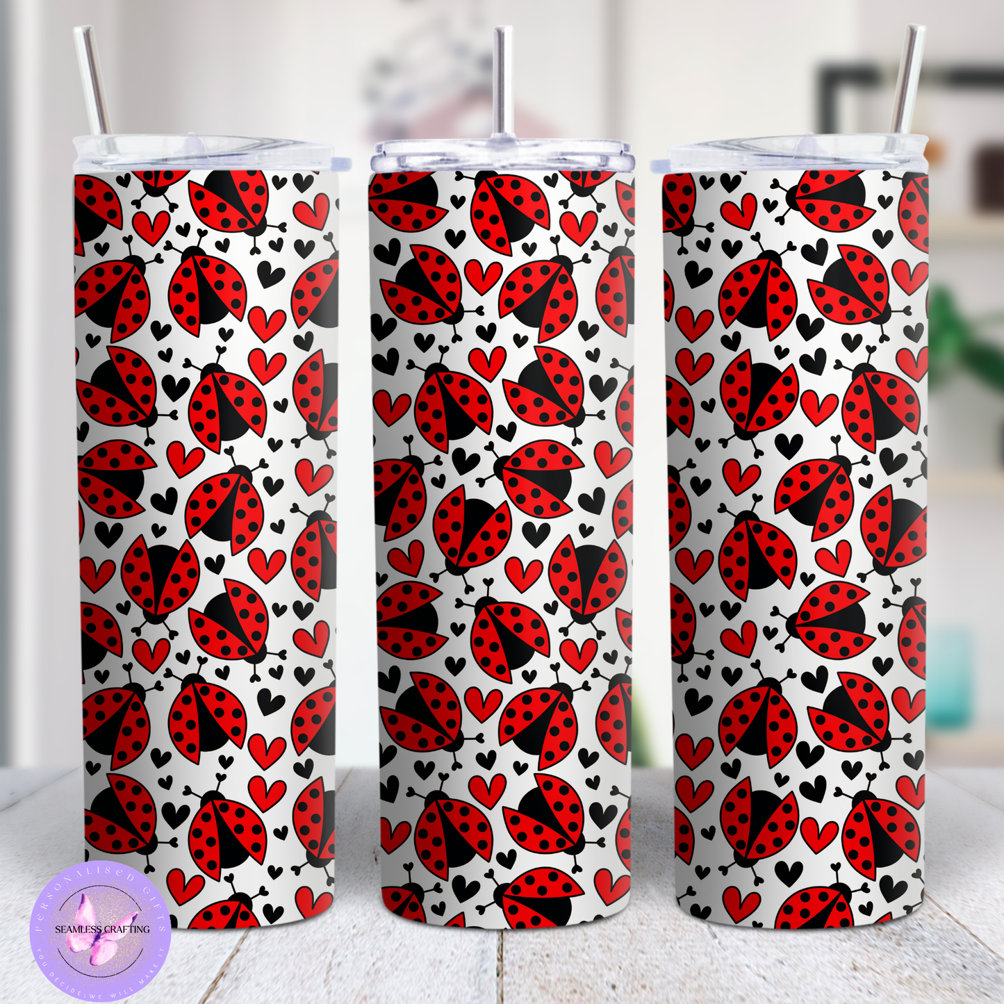 Personalised Ladybug Stainless Steel Tumbler – 15oz or 20oz – Red or Pink – Custom Name Travel Cup with Lid & Straw – Cute Gift for Her