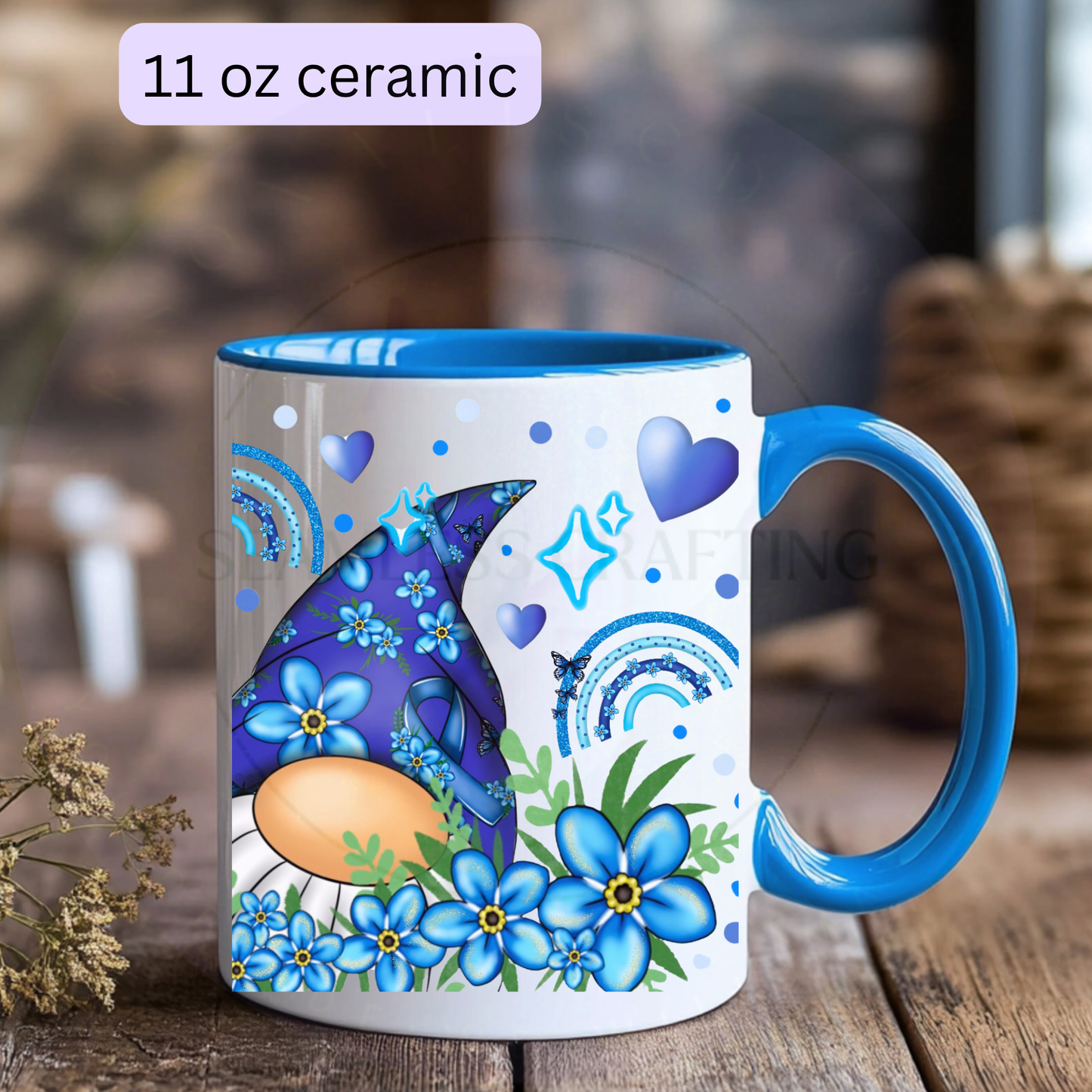 Blue handle personalised Forget Me Not dementia awareness gonk mug
