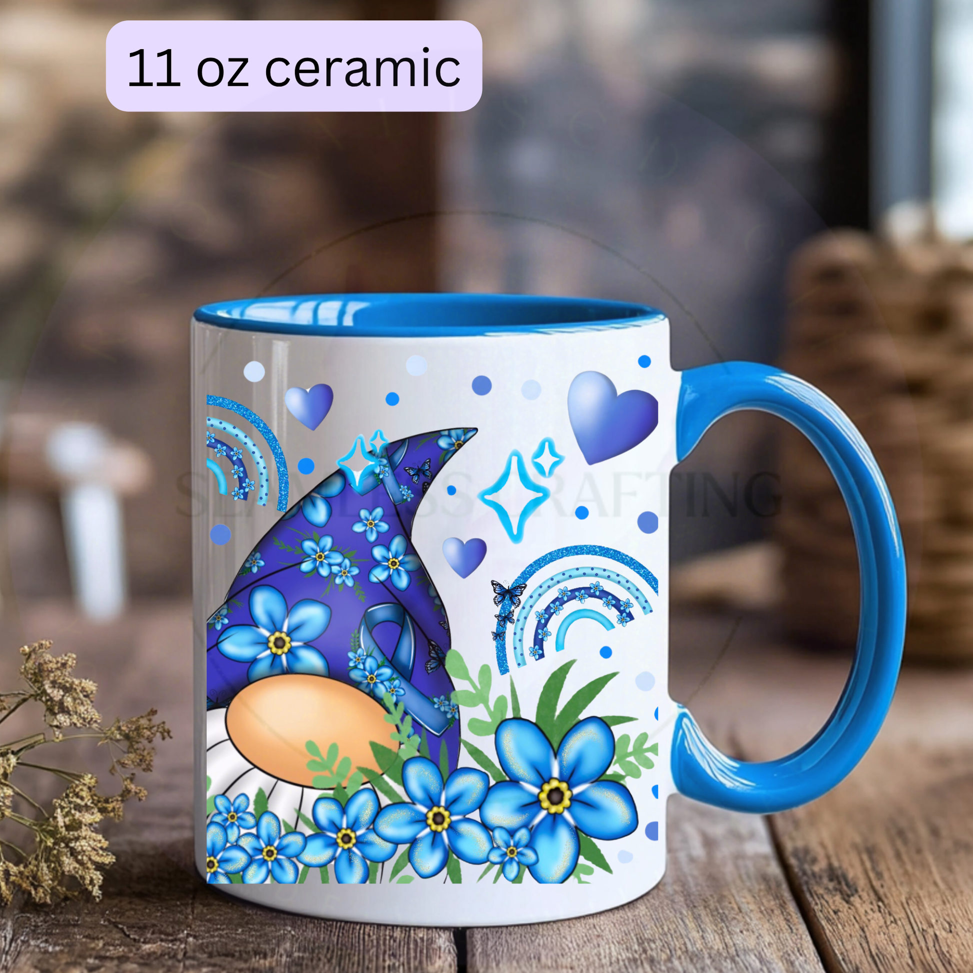 Blue handle personalised Forget Me Not dementia awareness gonk mug