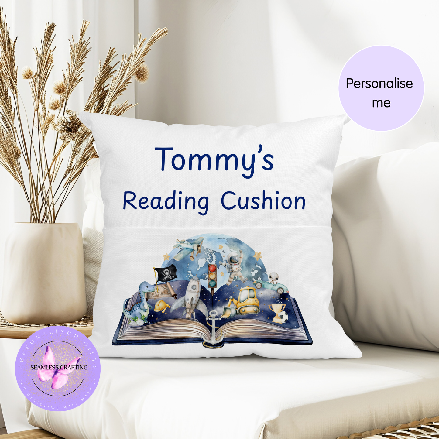 Personalised Children’s Reading Cushion with Pocket – Adventure Book Design Pillow Gift for Kids, Boys Bedroom Decor, Custom Name Cushion