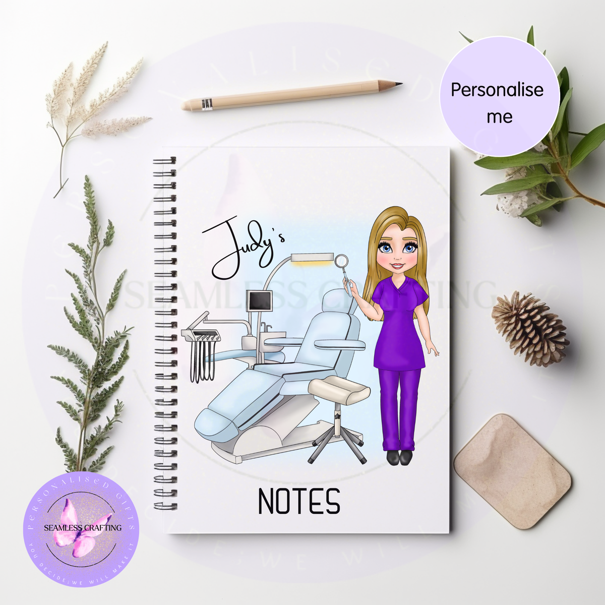 Personalised dental nurse notebook with custom name and purple scrub character