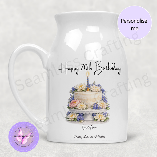 custom 70th birthday flower jug personalised ceramic vase with floral cake illustration
