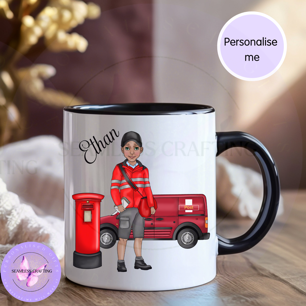 Personalised postman mug with custom Ethan character, red postal van and post box