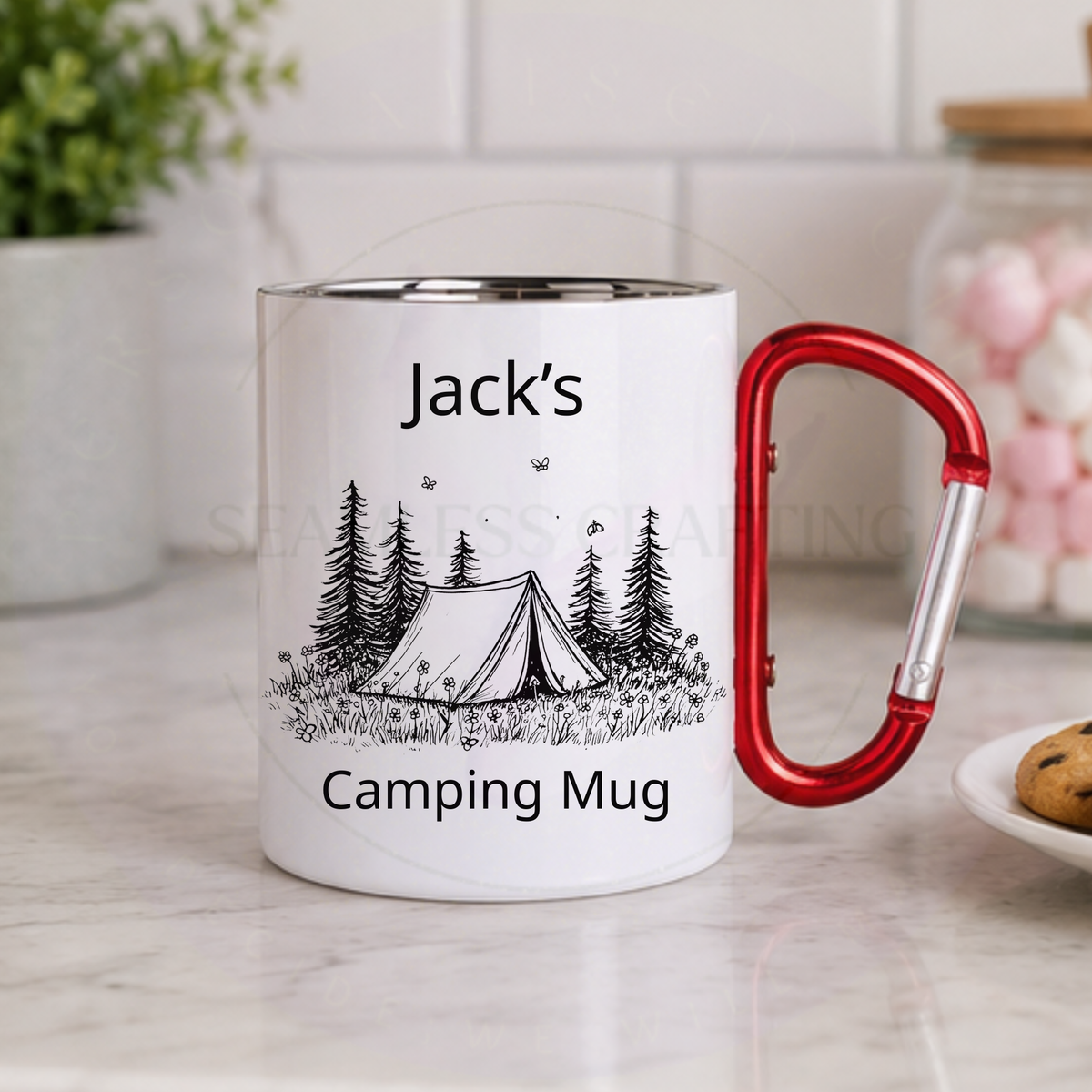 Personalised Jack’s camping mug with red carabiner handle displayed in a kitchen