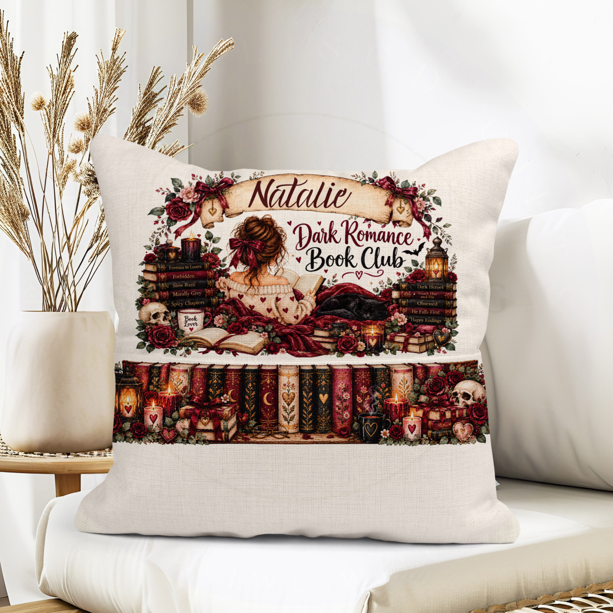 Dark romance reading cushion with book pocket displayed in a cosy reading space