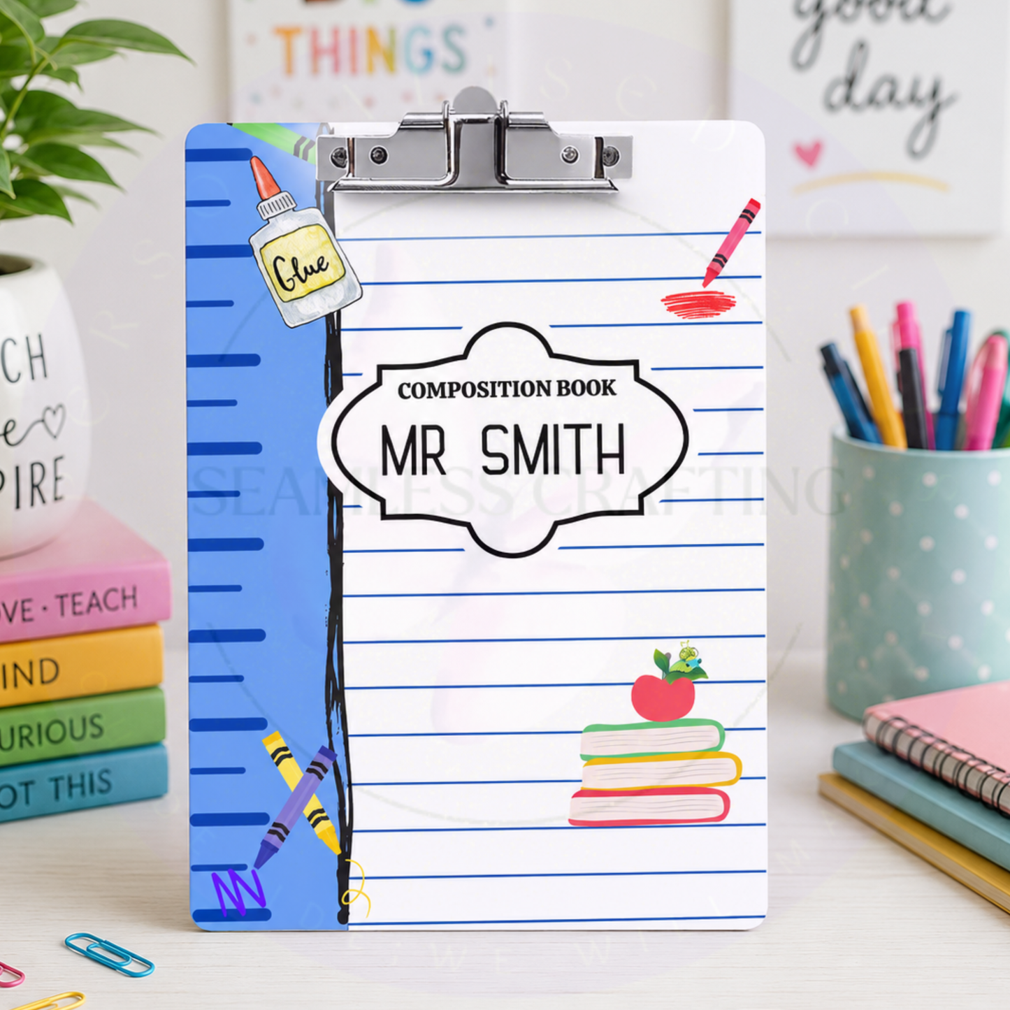 Blue composition book style personalized teacher clipboard with teacher name