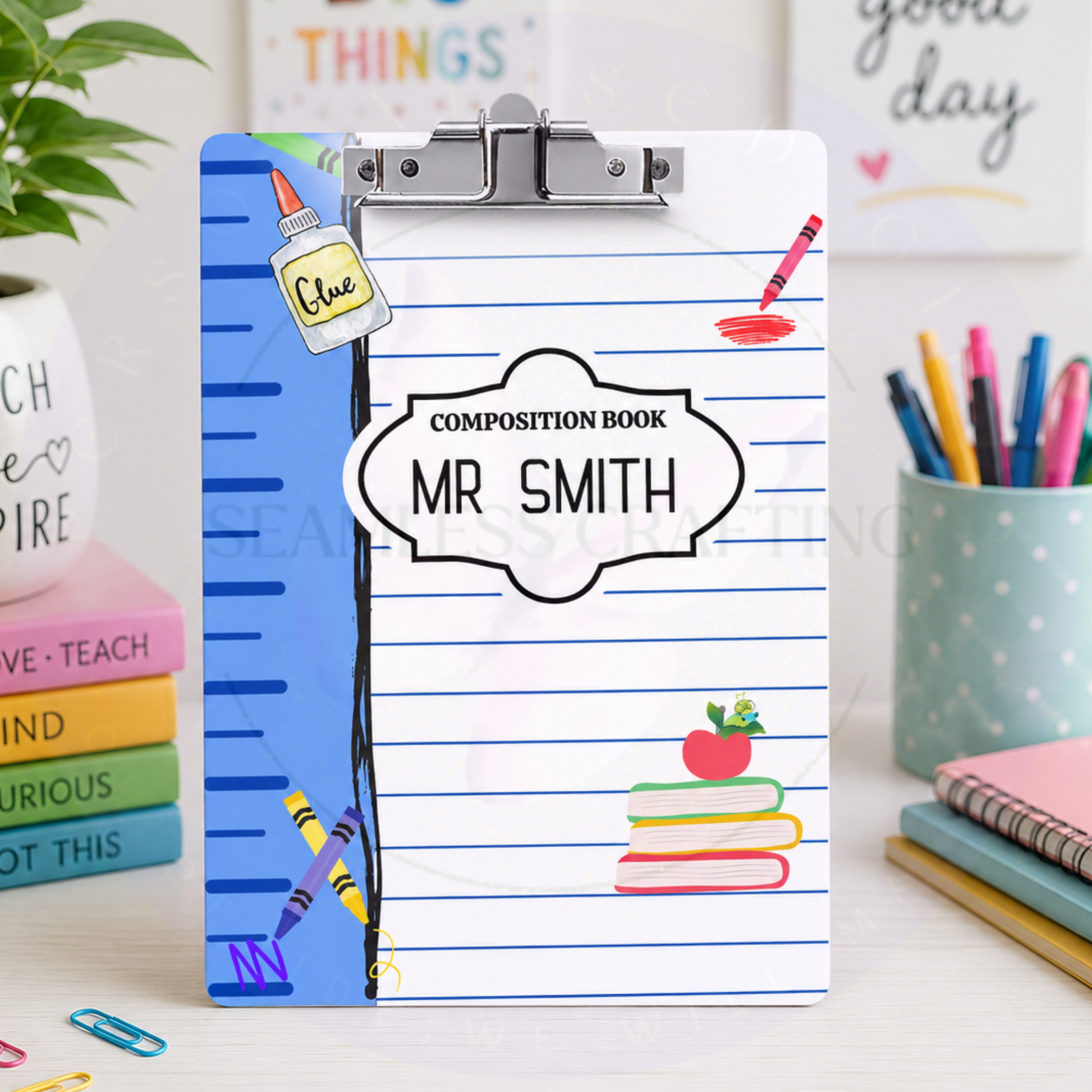 Blue composition book style personalized teacher clipboard with teacher name