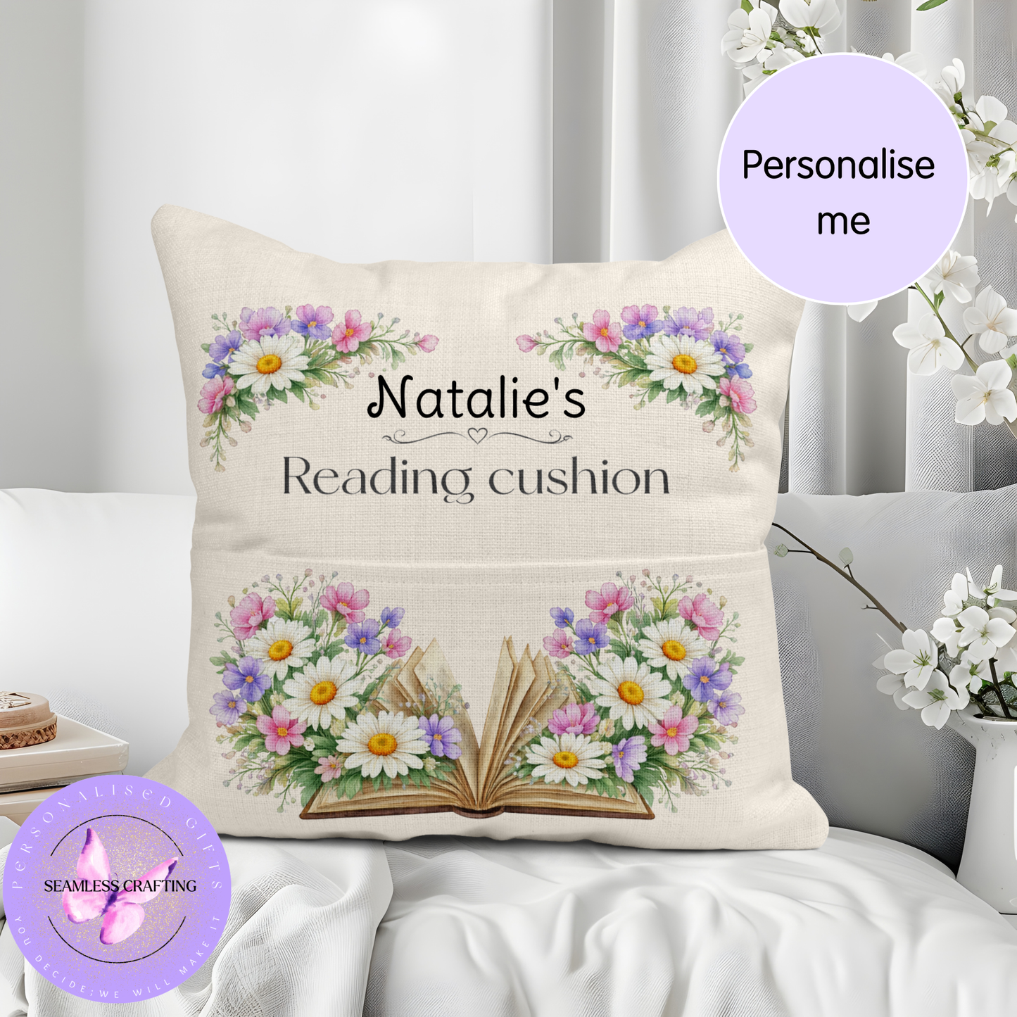 Personalised April Birth Flower Reading Cushion, Daisy Cushion with Pocket, Custom Name Book Lover Gift, Linen Reading Pillow, April Birthday Gift