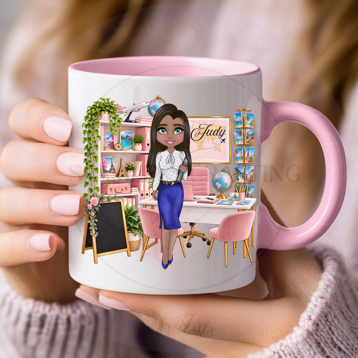 Personalised pink handle travel agent mug with custom female character, travel office and name Judy