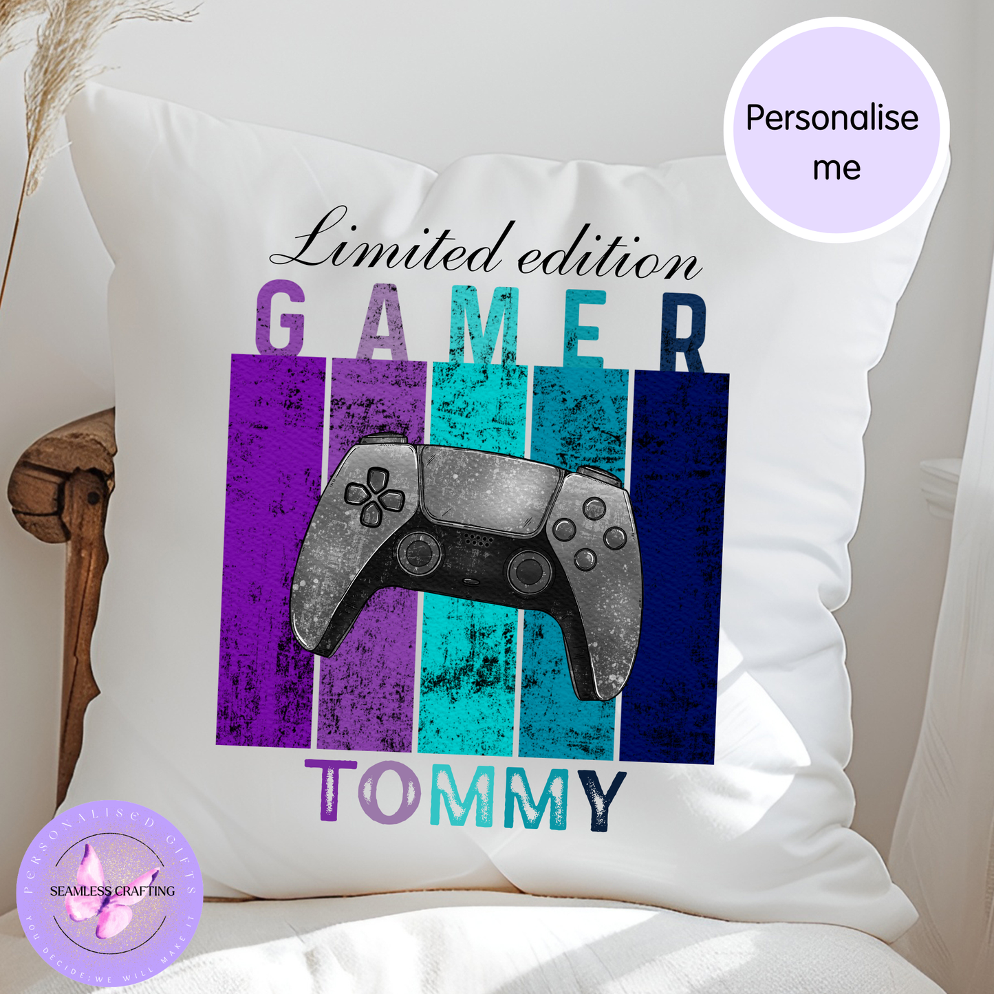 Personalised Gamer Cushion – Custom Name Gaming Pillow, Controller Choice, 40x40cm Velvet Gift for Gamers