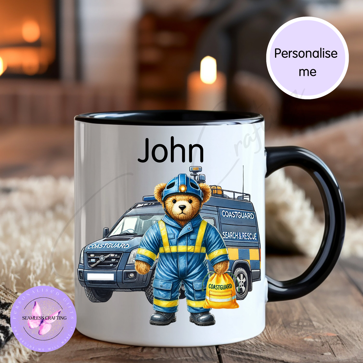 Personalised Coastguard Bear Mug or Travel Mug – Custom Name Search and Rescue Gift