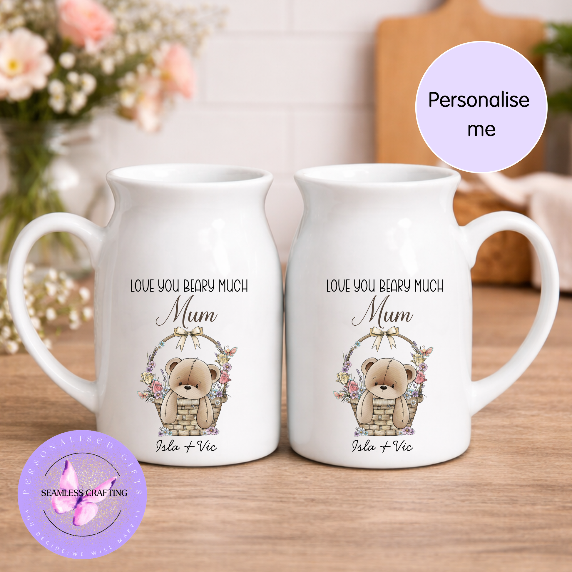 personalised flower jug custom name teddy floral vase gift for mum nana sister friend UK