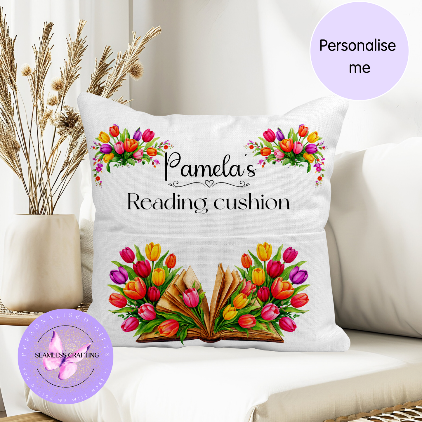 Personalised Tulip Reading Cushion with Pocket