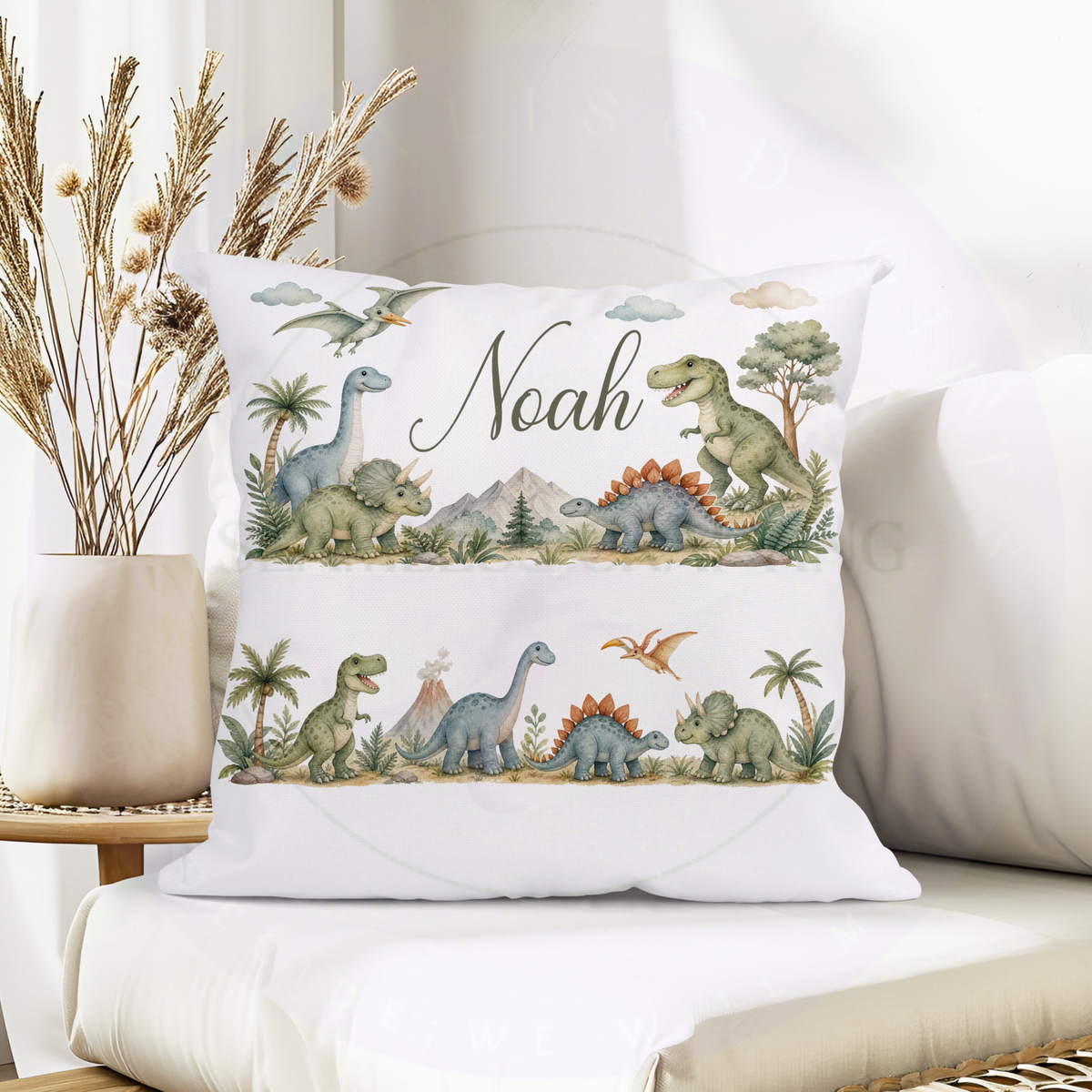 Personalised boys dinosaur cushion with T-Rex Stegosaurus and Triceratops